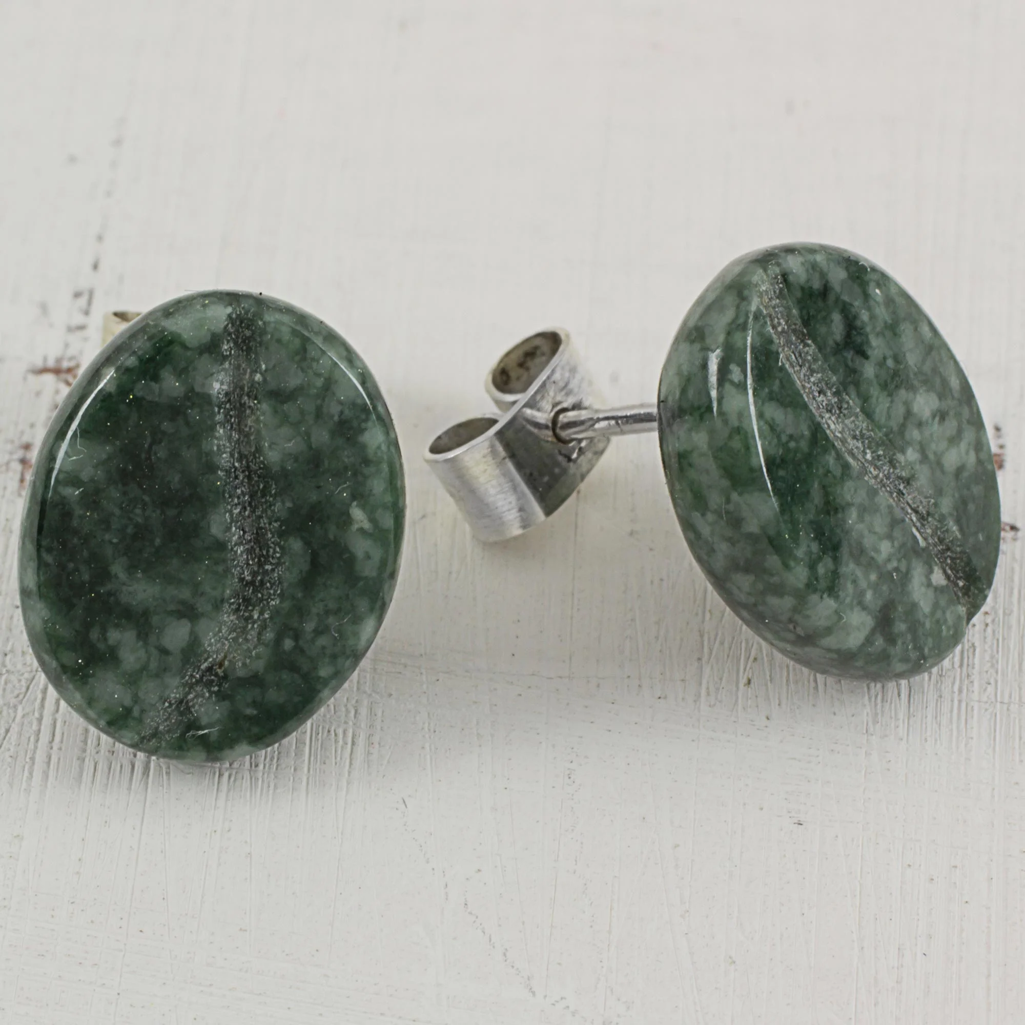 Passion for Coffee in Green Jade and Sterling Silver Stud Earrings from Guatemala - Image 3