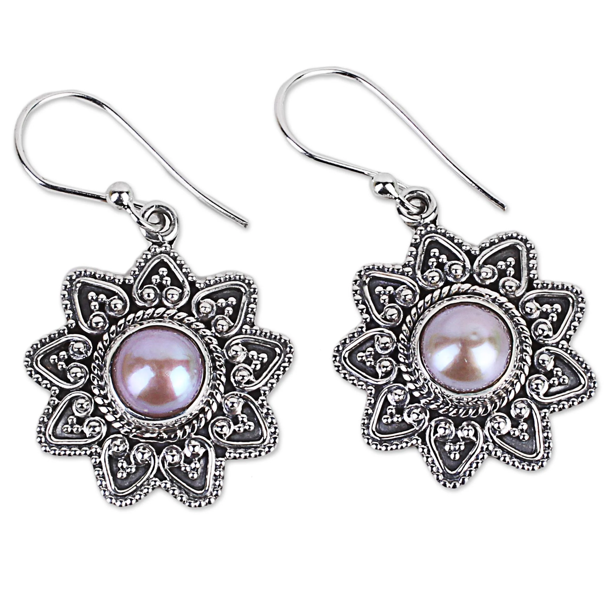 Passionate Flower Cultured Pearl Sterling Silver Dangle Earrings from India - Image 2