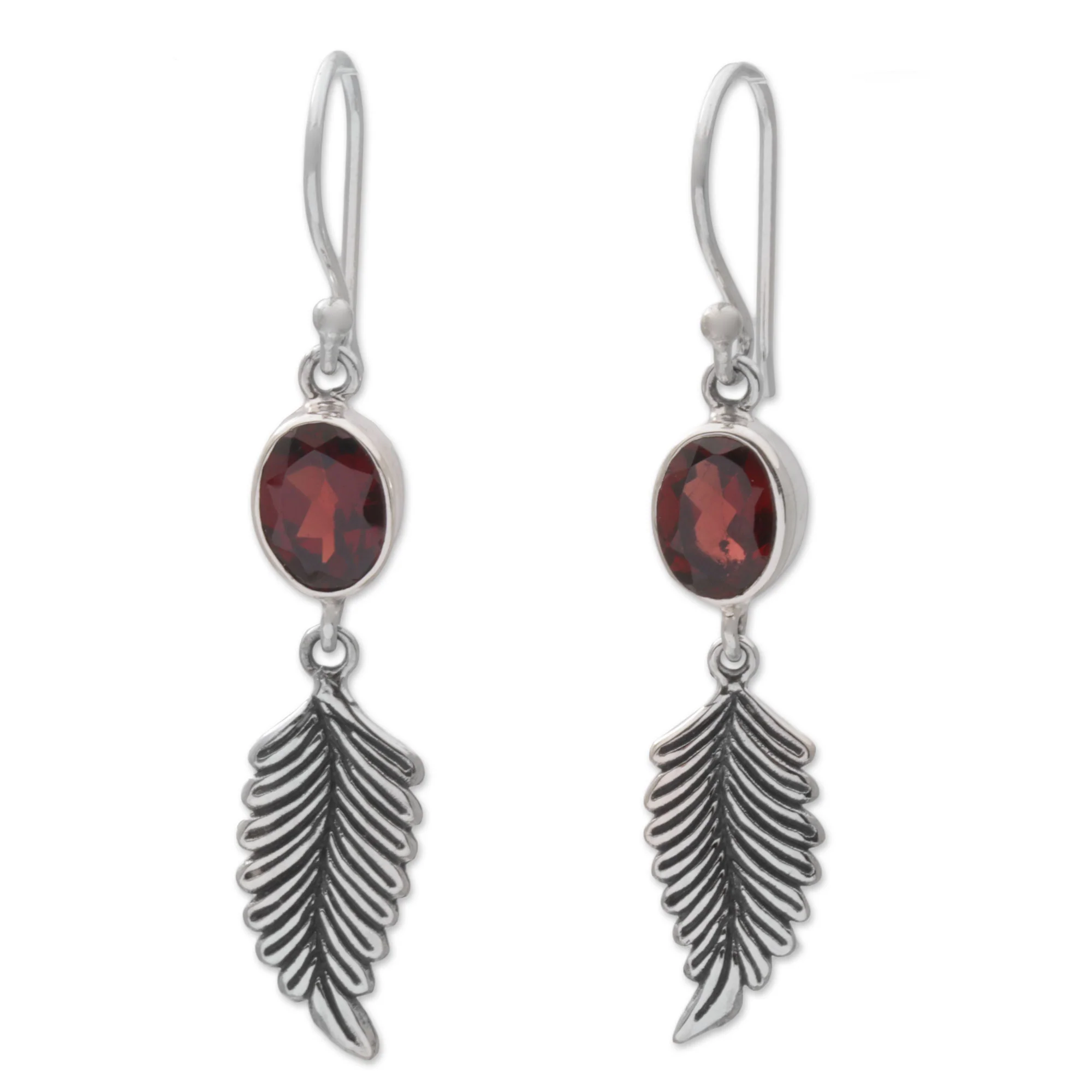 Passionate Hope Balinese 925 Sterling Silver Feather Earrings with Garnet - Image 2