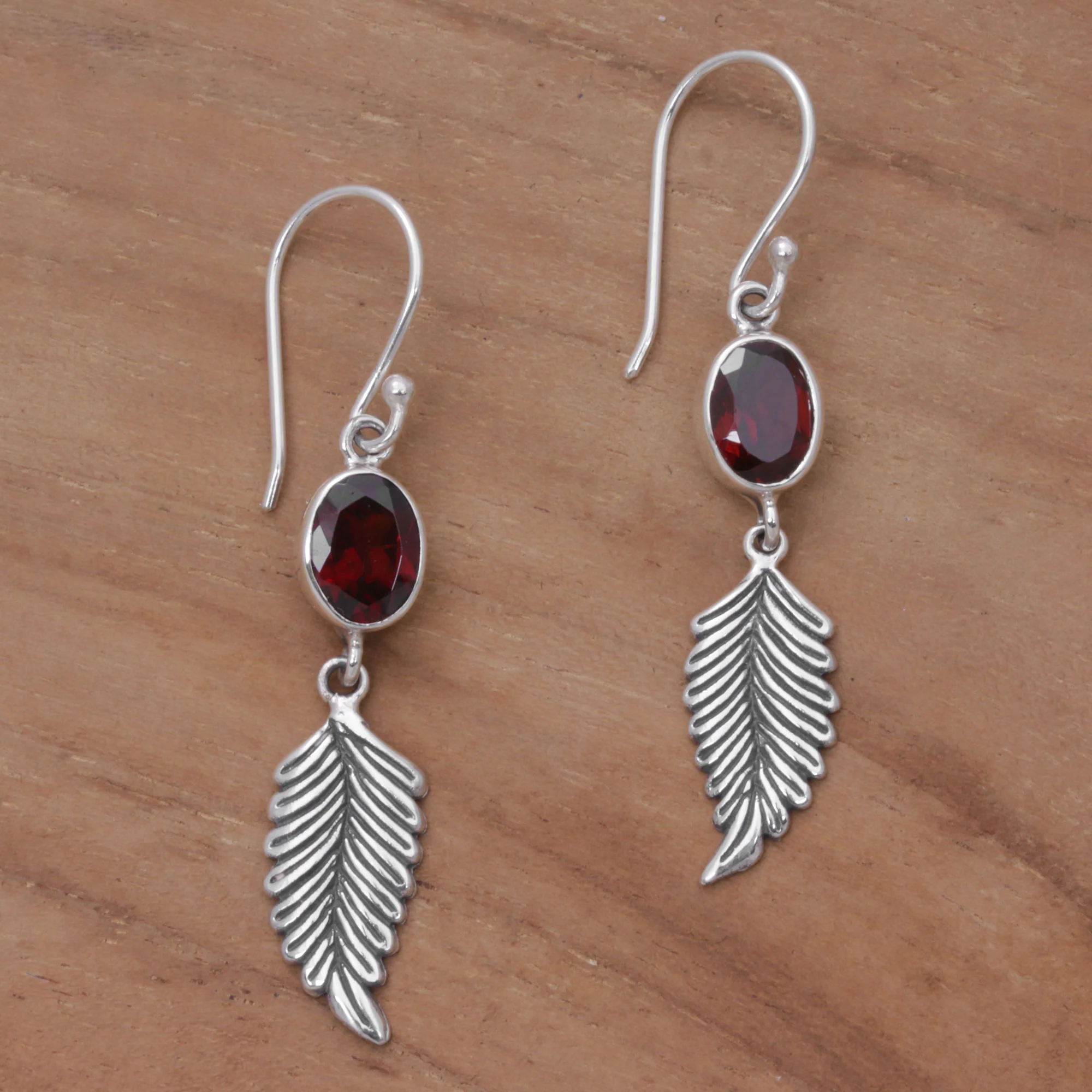Passionate Hope Balinese 925 Sterling Silver Feather Earrings with Garnet - Image 3