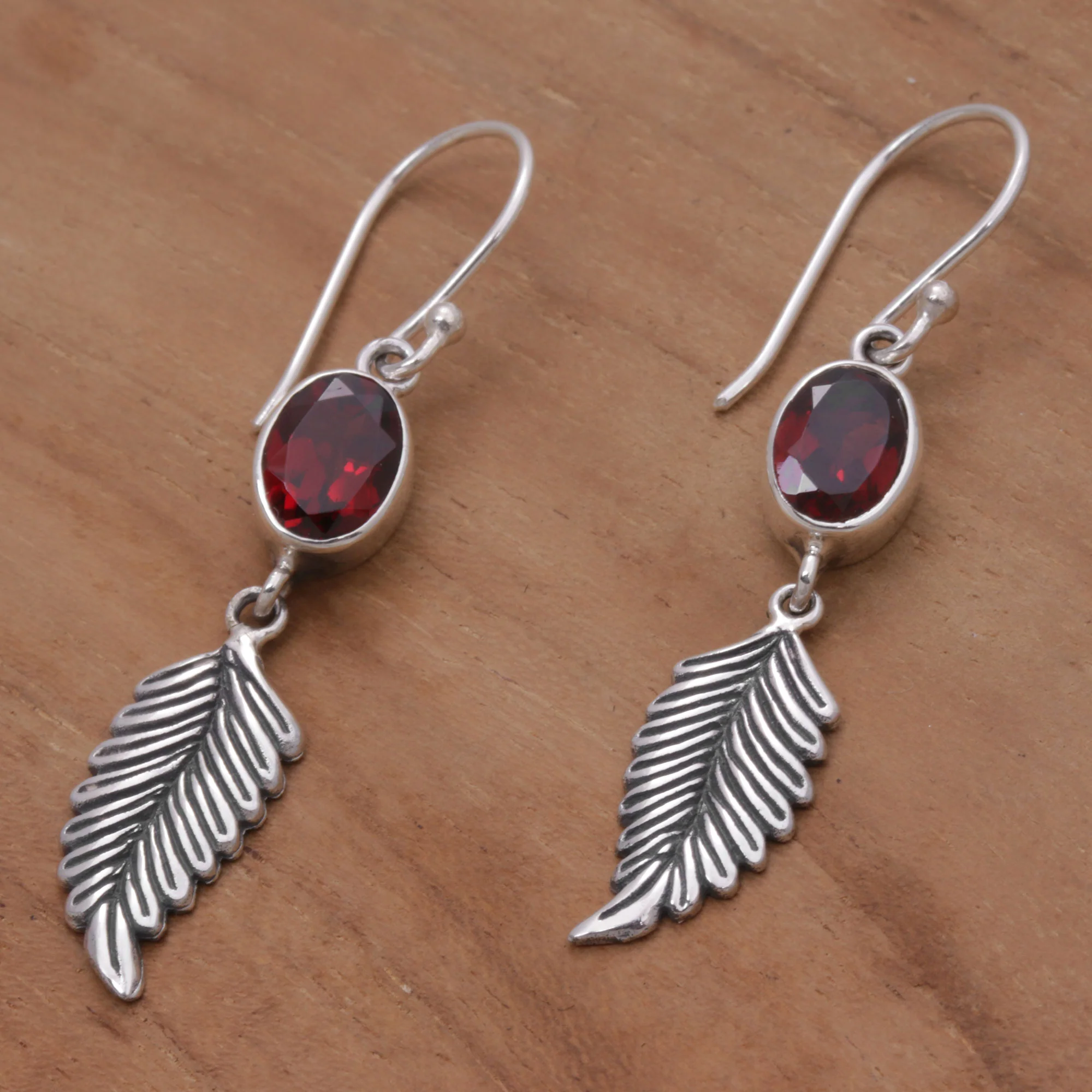 Passionate Hope Balinese 925 Sterling Silver Feather Earrings with Garnet - Image 4