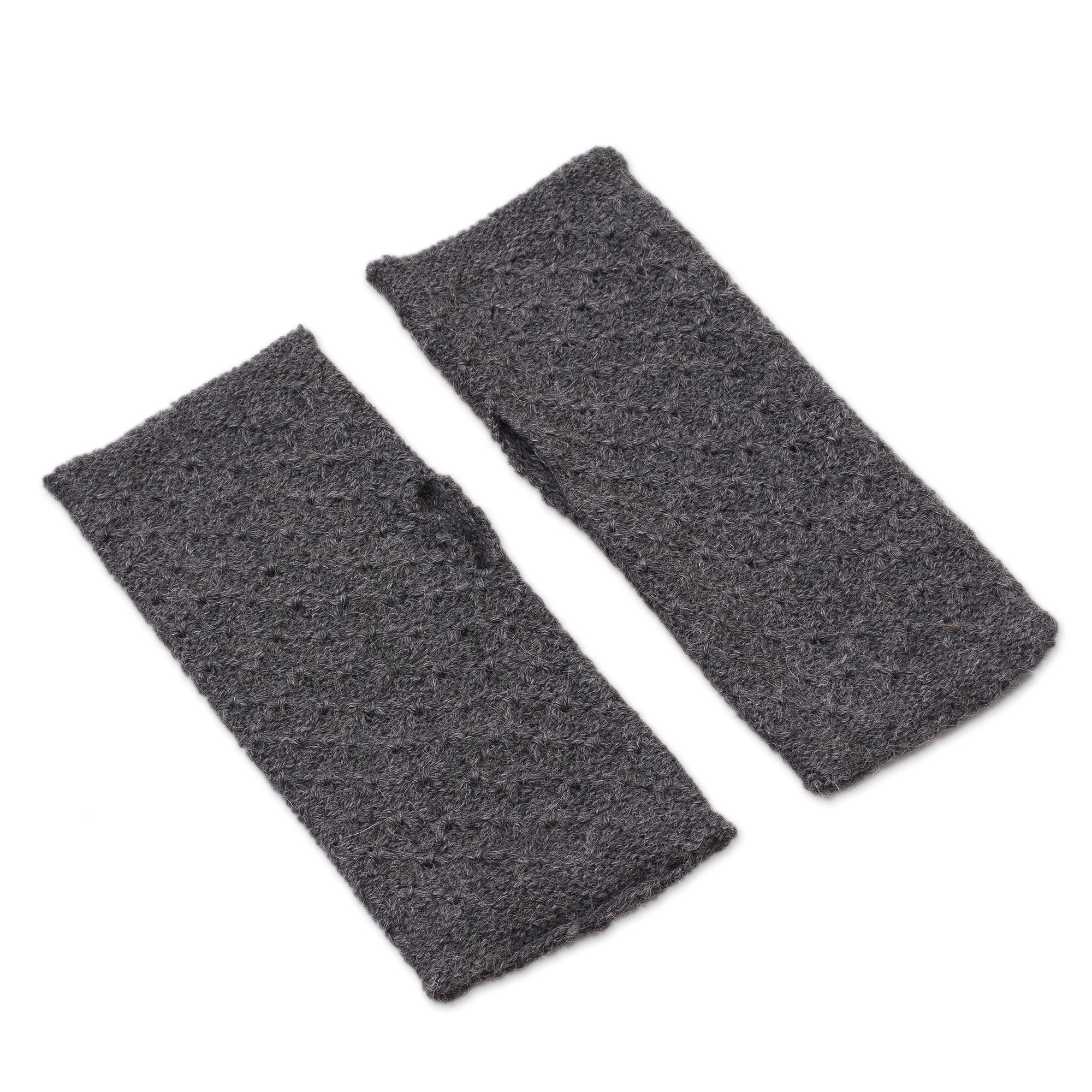 Passionate Pattern in Graphite Patterned 100% Baby Alpaca Fingerless Mitts in Graphite - Image 2