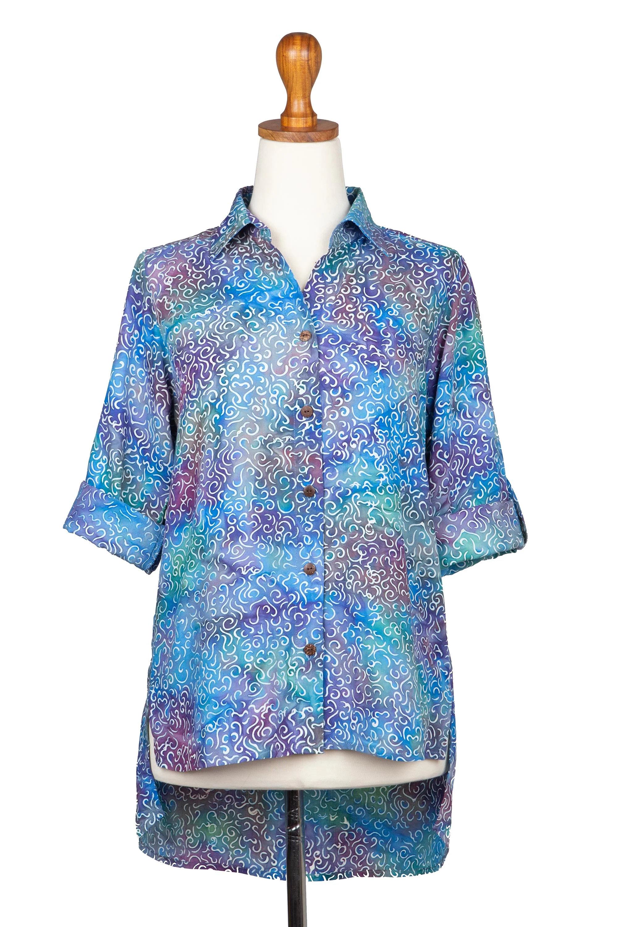 Pastel Seascape Roll-Tab Sleeve Button Front Batik Rayon Blouse - Image 2