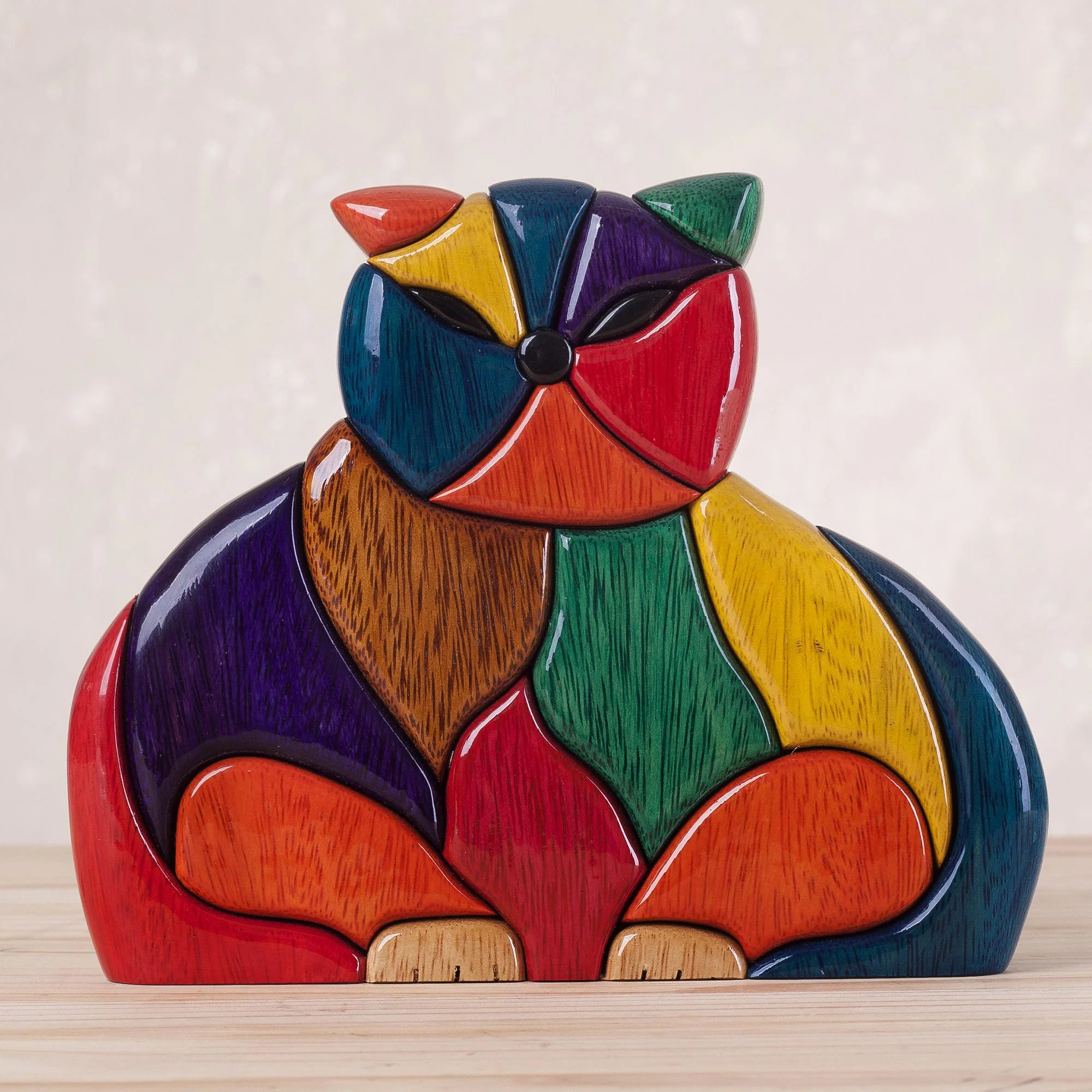 Patchwork Cat Multicolor Ishpingo Wood Sculpture - Image 3
