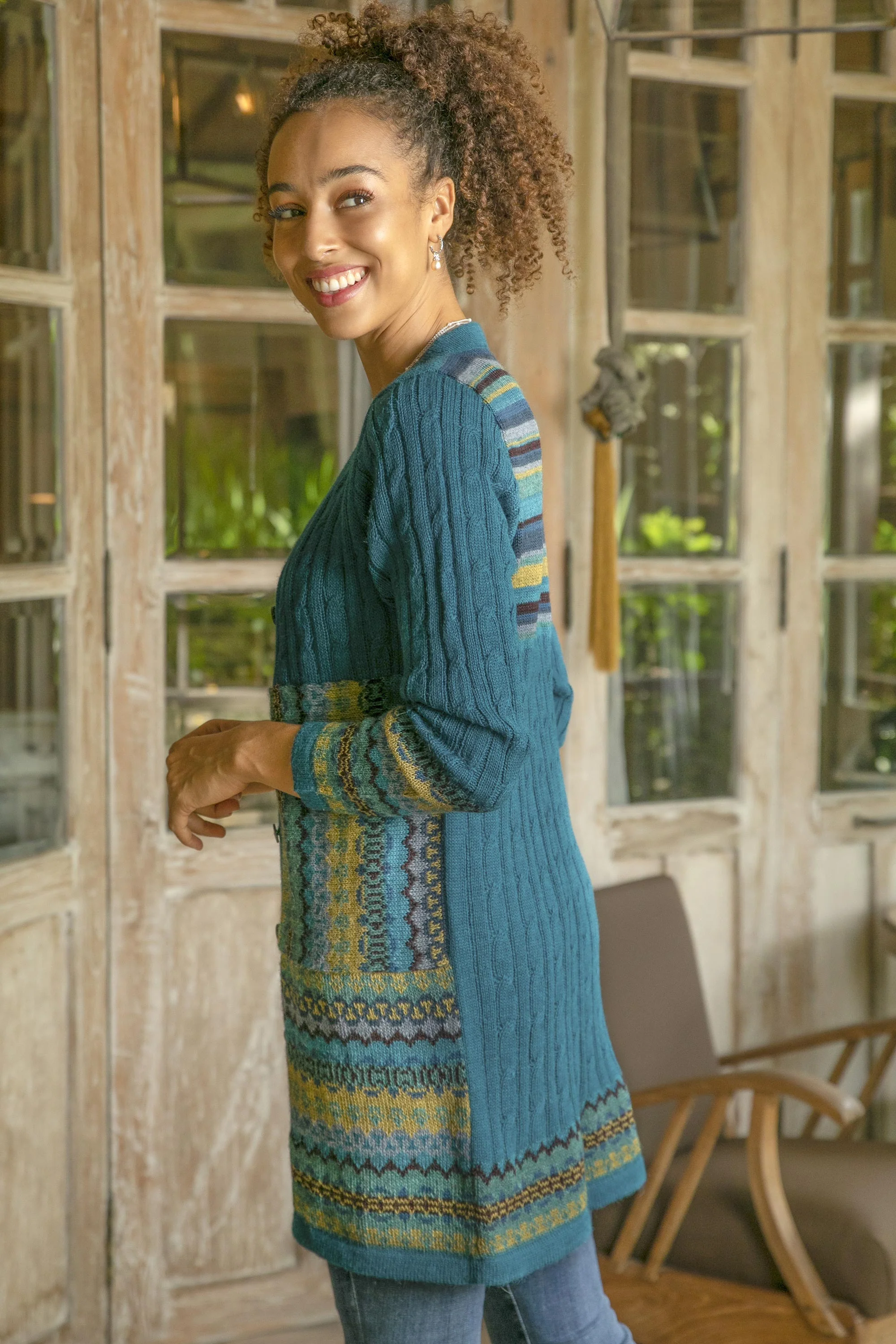 Patchwork in Teal Cable Knit 100% Alpaca Cardigan in Teal from Peru - Image 4
