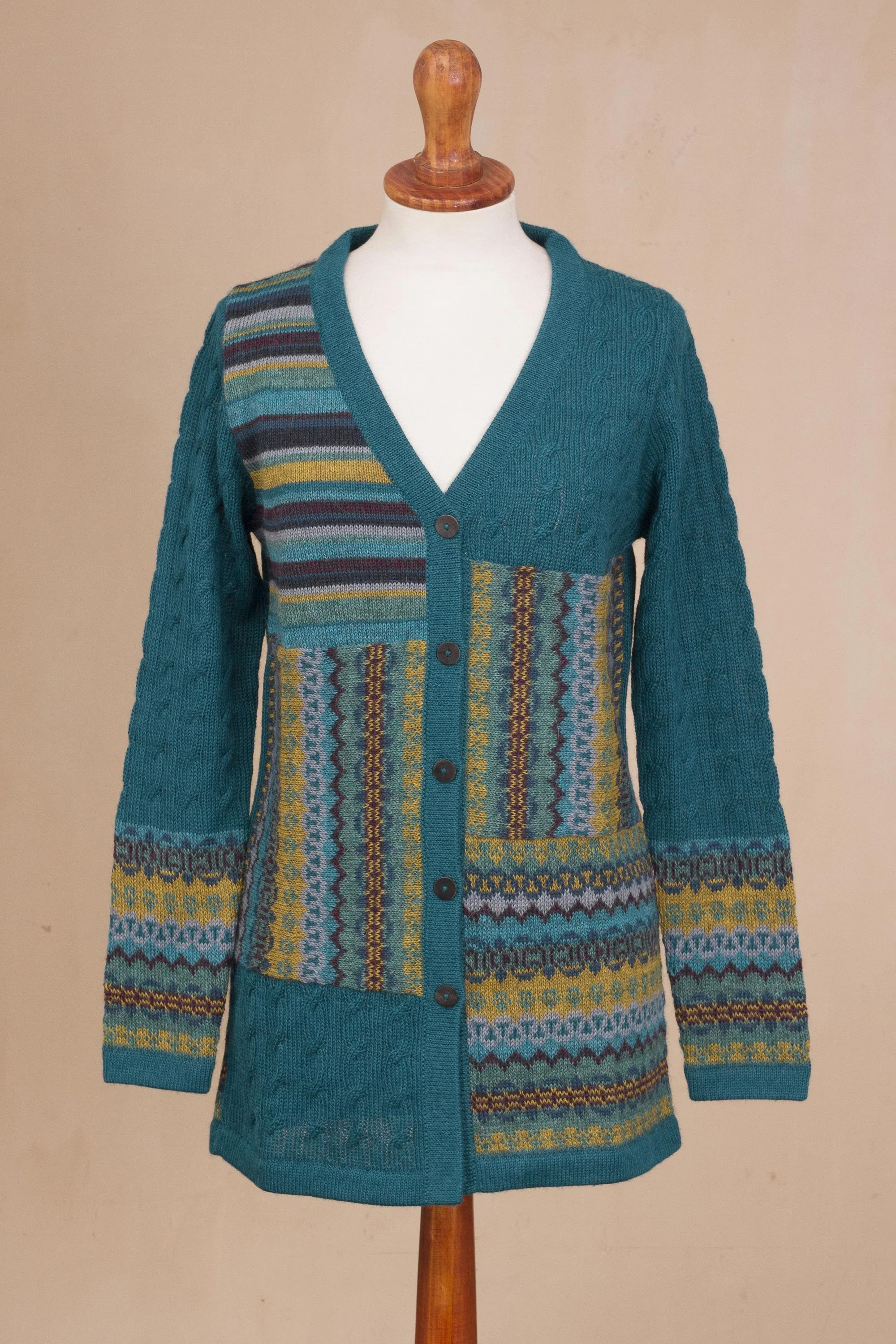 Patchwork in Teal Cable Knit 100% Alpaca Cardigan in Teal from Peru - Image 5