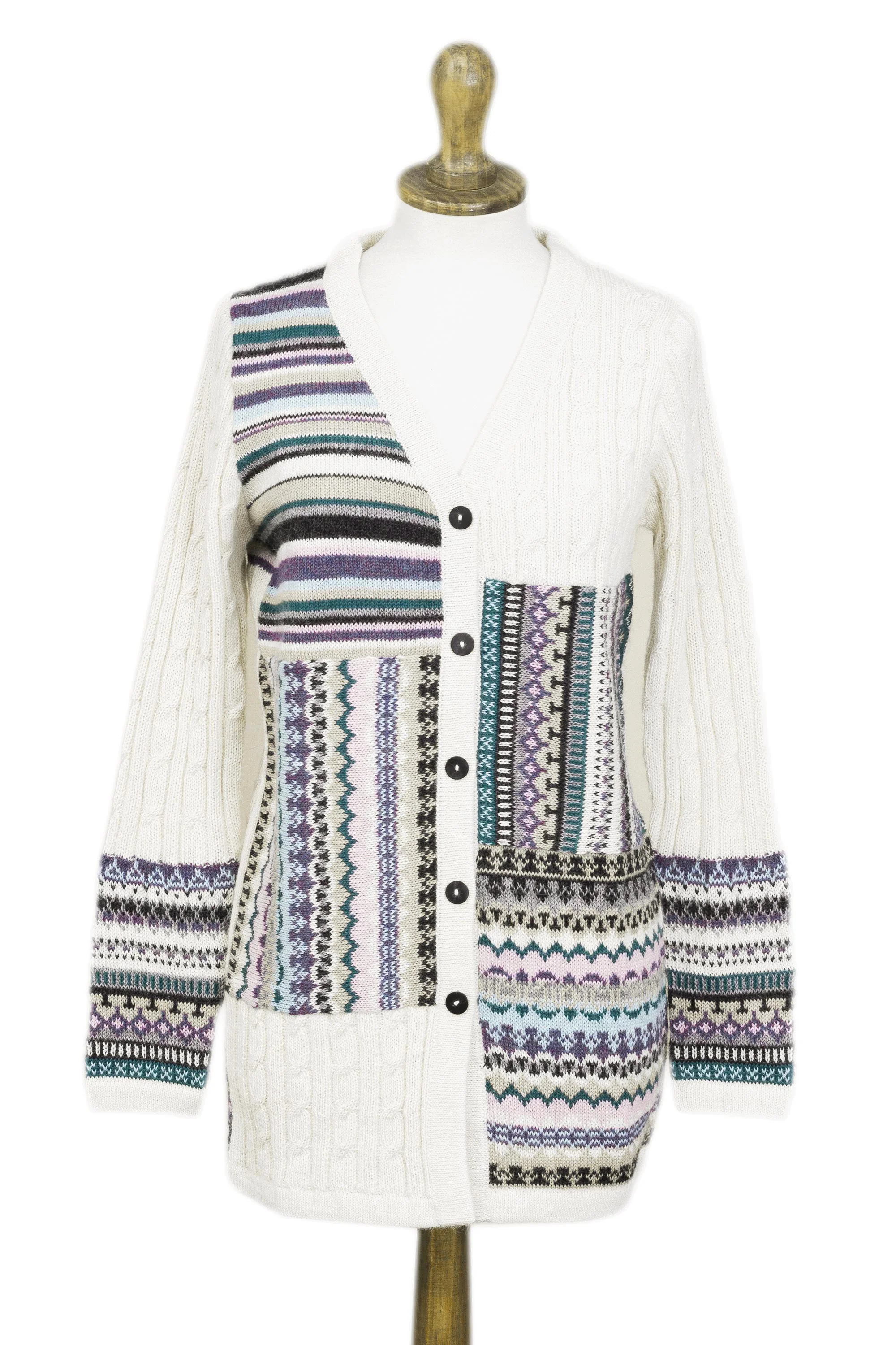 Patchwork Ivory and Multi-Color Patchwork 100% Alpaca Knit Cardigan - Image 2