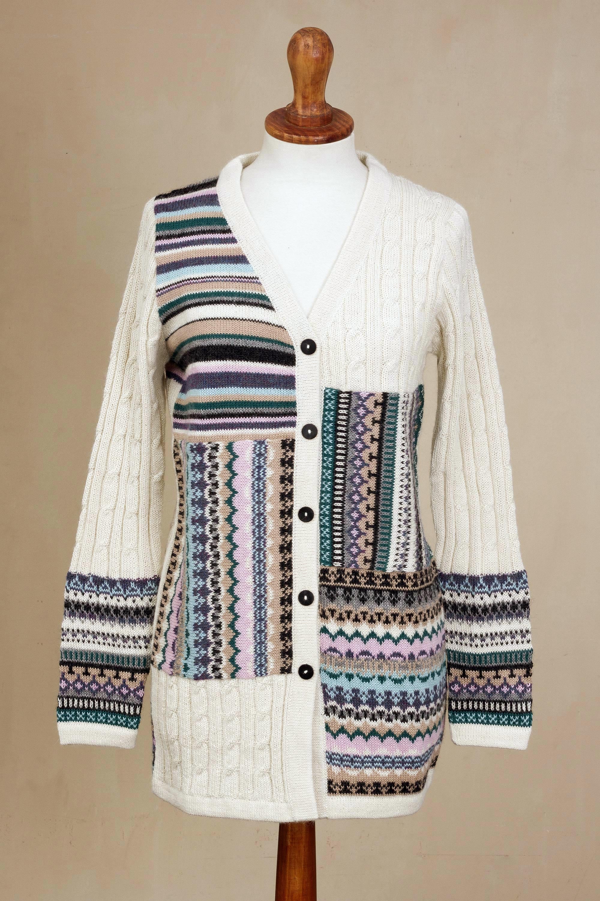 Patchwork Ivory and Multi-Color Patchwork 100% Alpaca Knit Cardigan - Image 4
