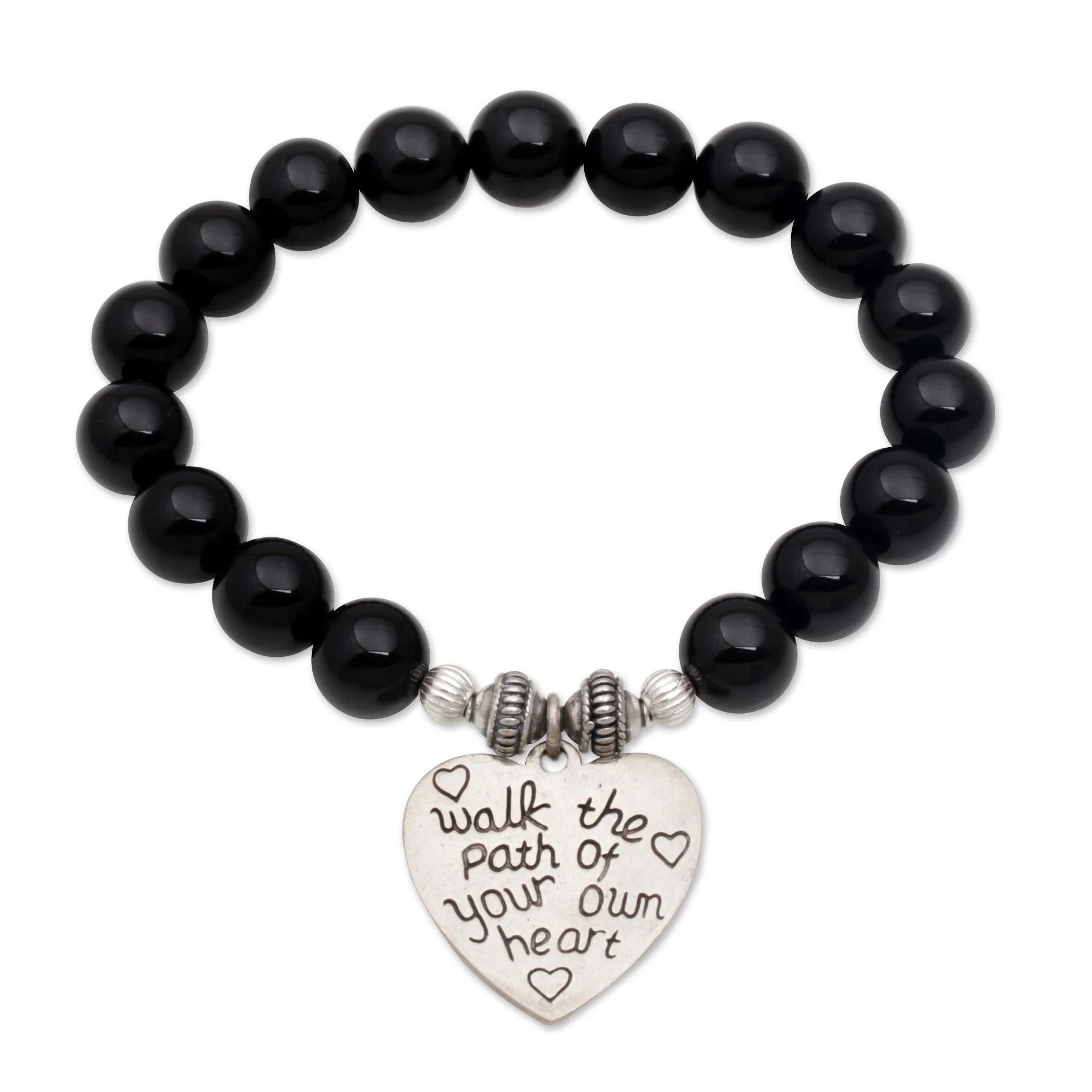 Path of Love Onyx and 925 Silver Beaded Heart Stretch Bracelet from Bali - Image 2
