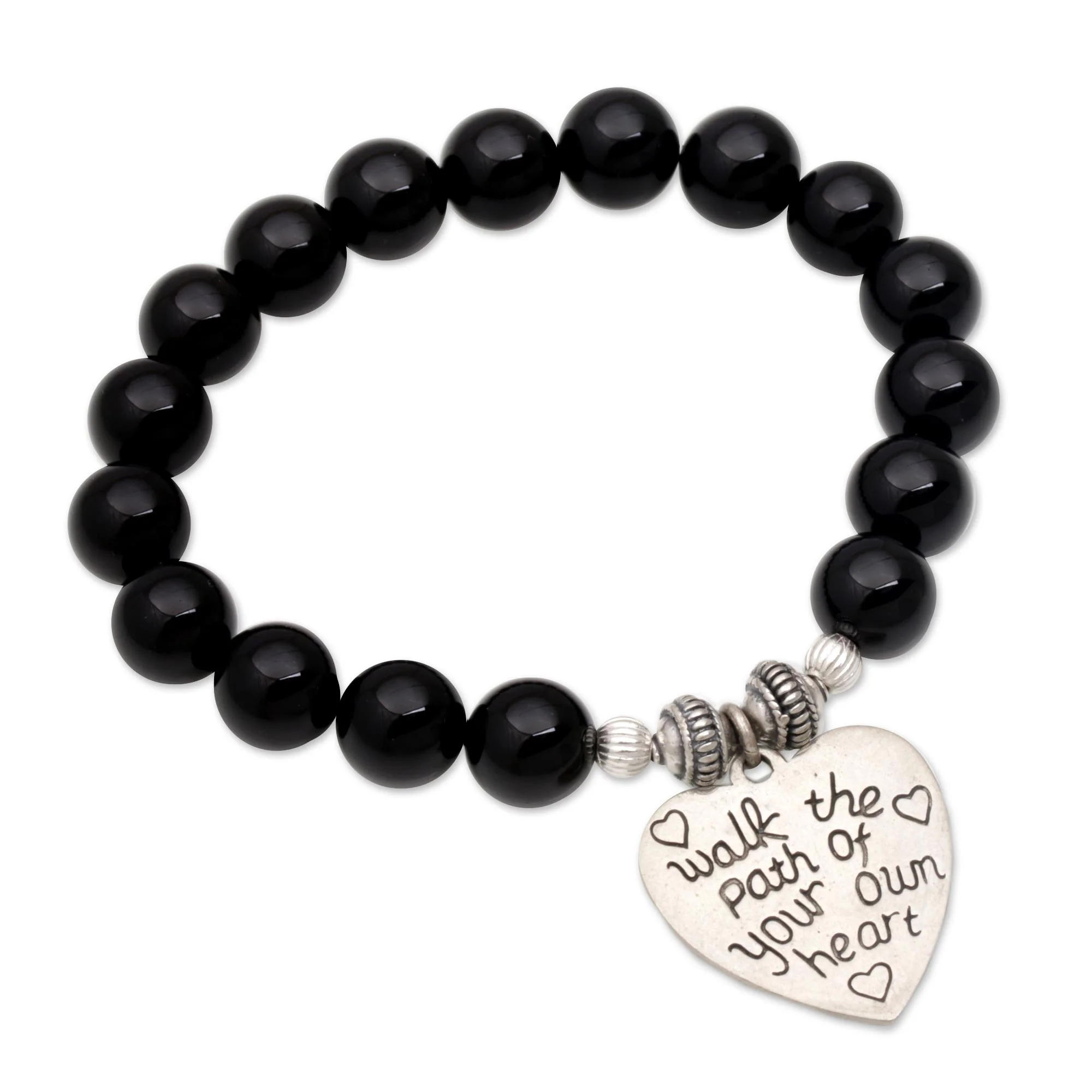 Path of Love Onyx and 925 Silver Beaded Heart Stretch Bracelet from Bali - Image 3