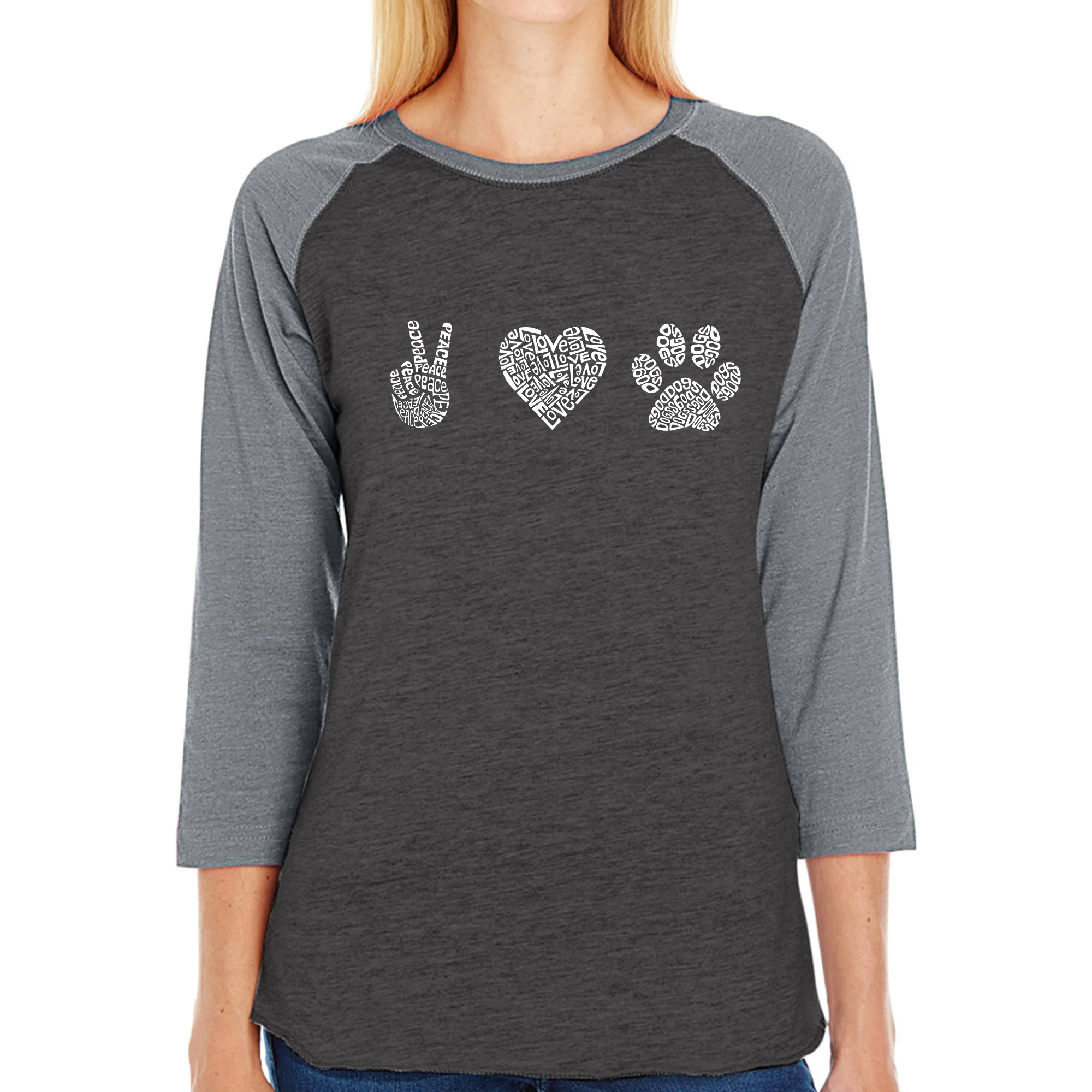 Peace Love Dogs  - Women's Raglan Word Art T-Shirt - Image 2