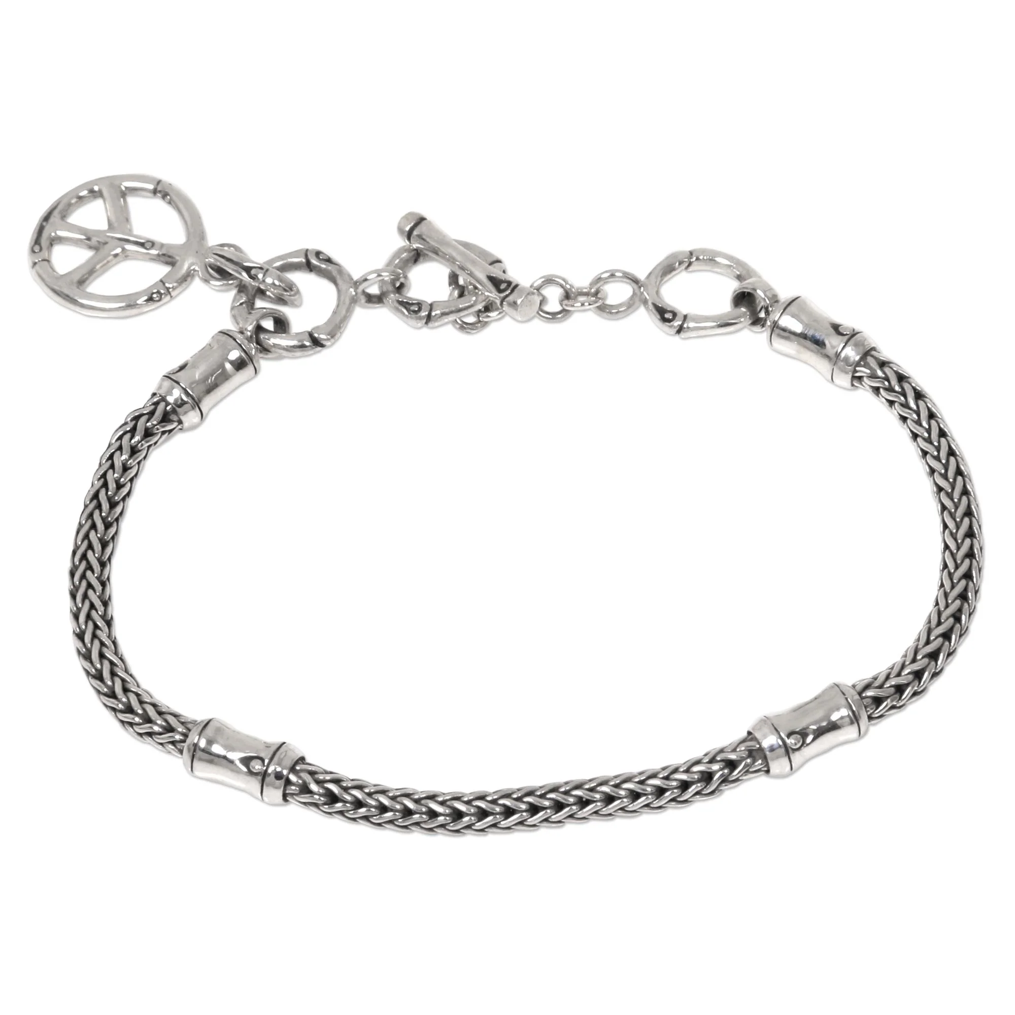 Peaceful Bamboo Artisan Crafted Sterling Silver Bracelet with Peace Charm - Image 3