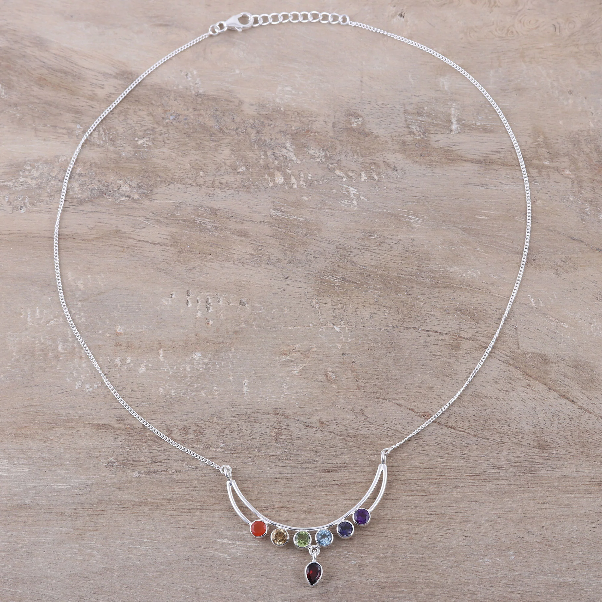 Peaceful Crescent Handmade Sterling Silver and Multi-Gemstone Chakra Necklace - Image 3