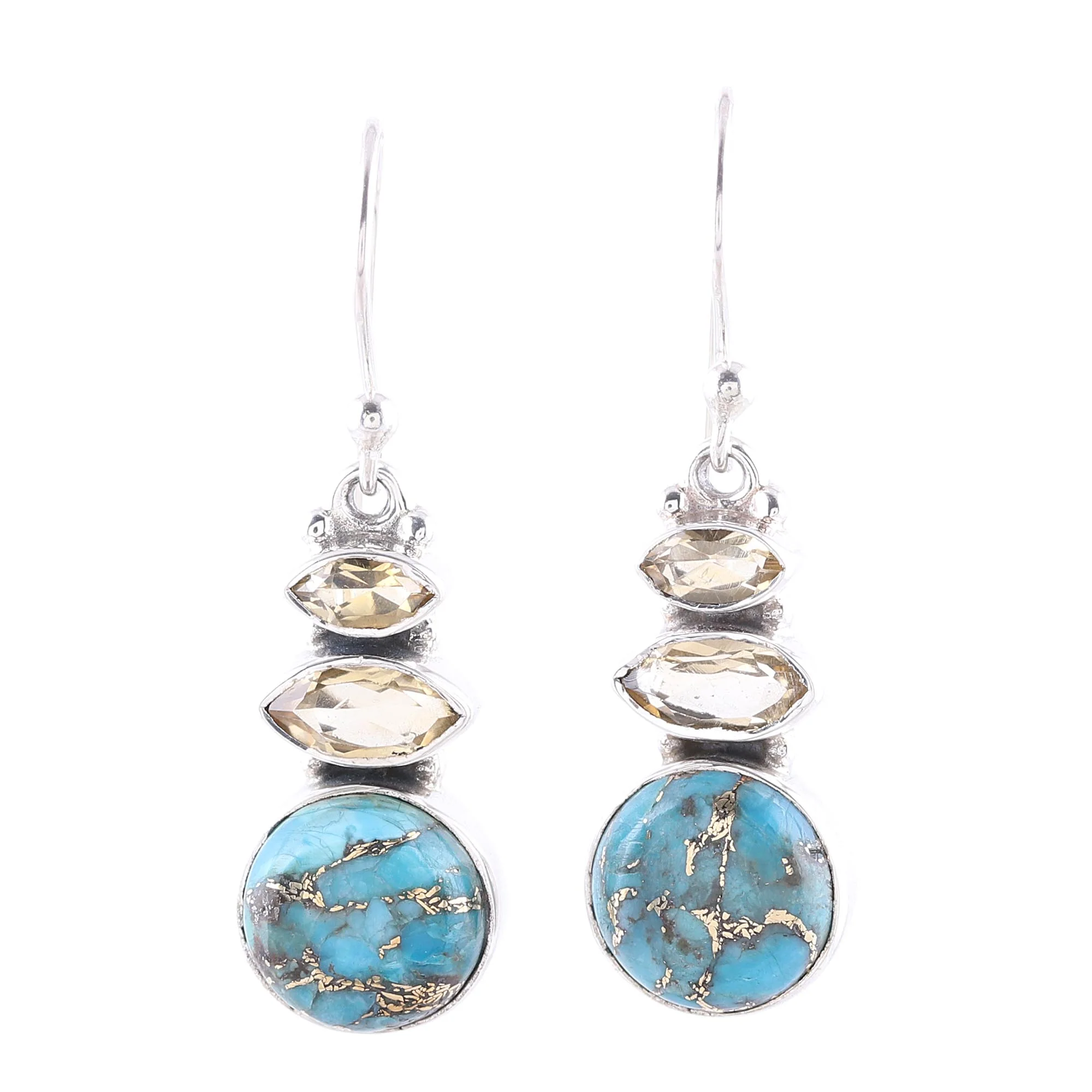 Peaceful Dazzle Citrine and Composite Turquoise Dangle Earrings from India - Image 2
