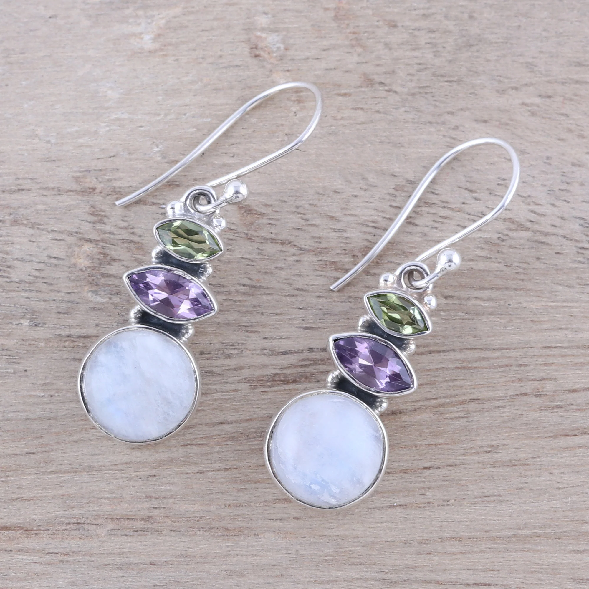 Peaceful Dazzle Multi-Gemstone Dangle Earrings from India - Image 3