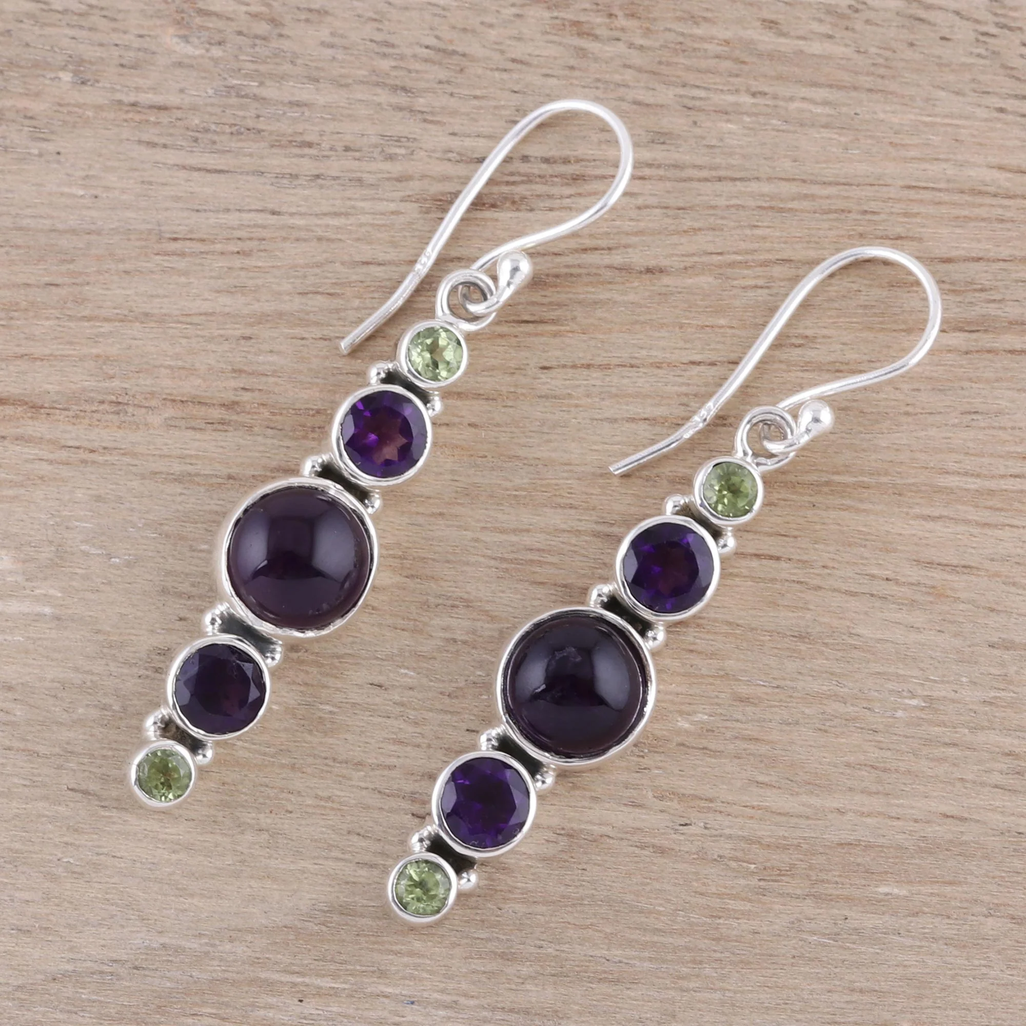 Peaceful Fusion Amethyst and Peridot Sterling Silver Dangle Earrings - Image 3