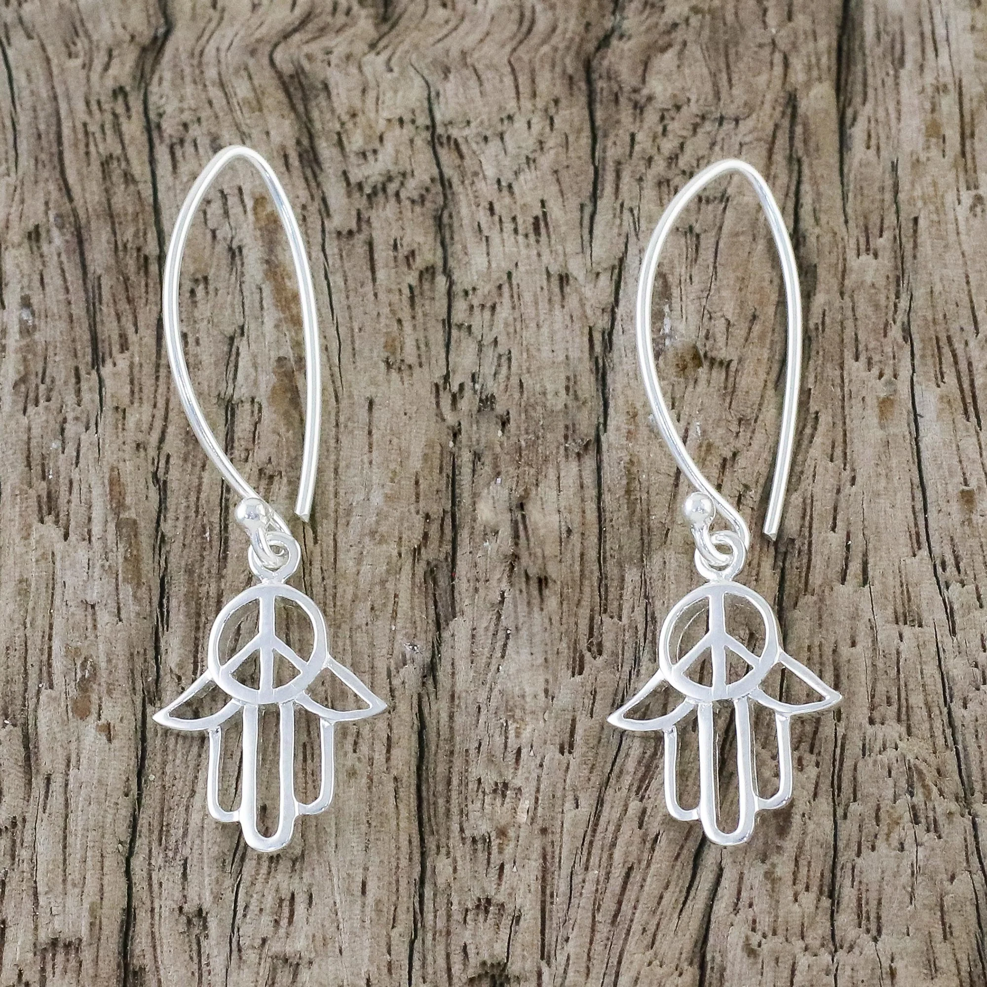 Peaceful Hamsa Sterling Silver Hamsa Peace Sign Earrings from Thailand - Image 3