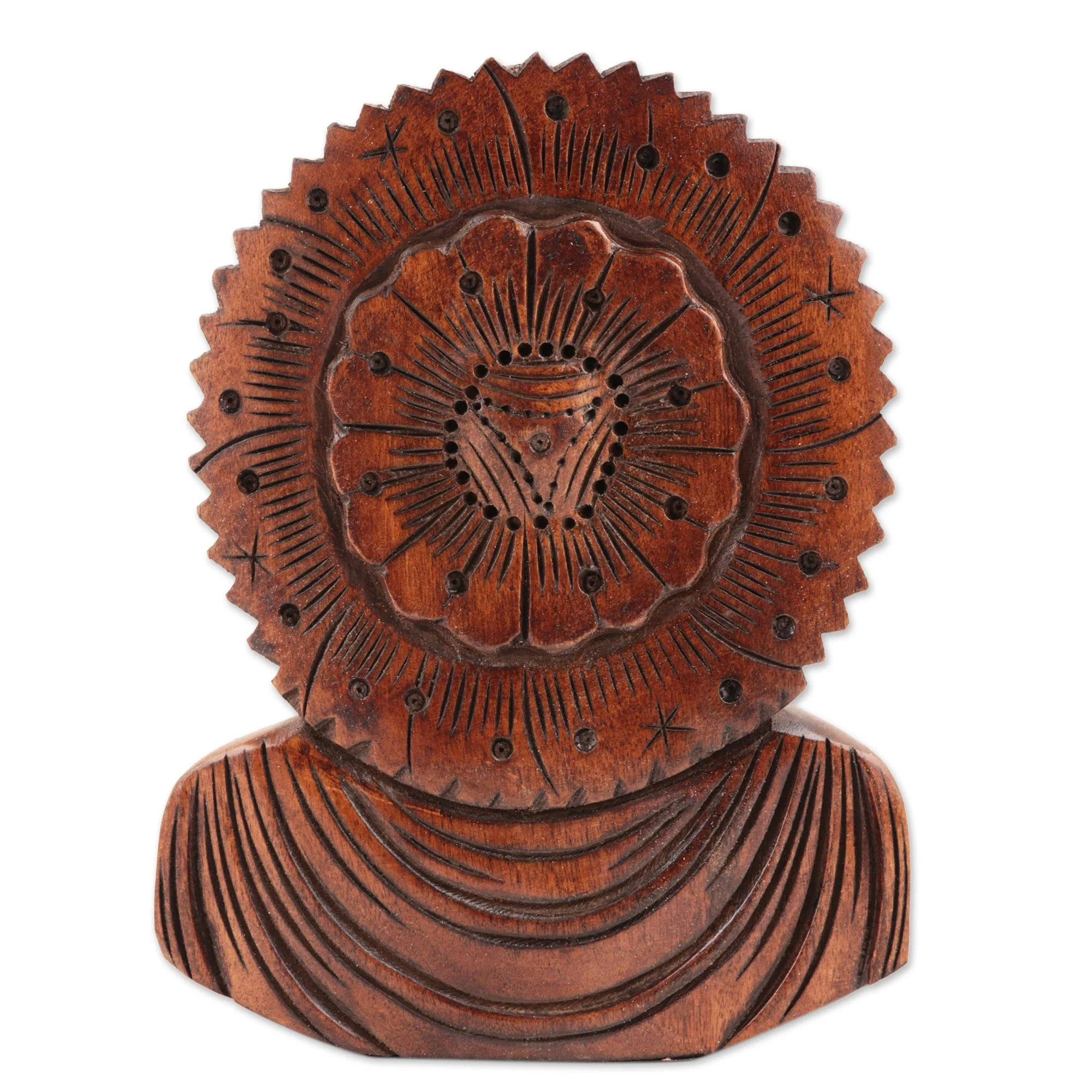 Peaceful Indian Buddha Vividly Hand Carved Wood Buddhist Antiqued Sculpture - Image 4