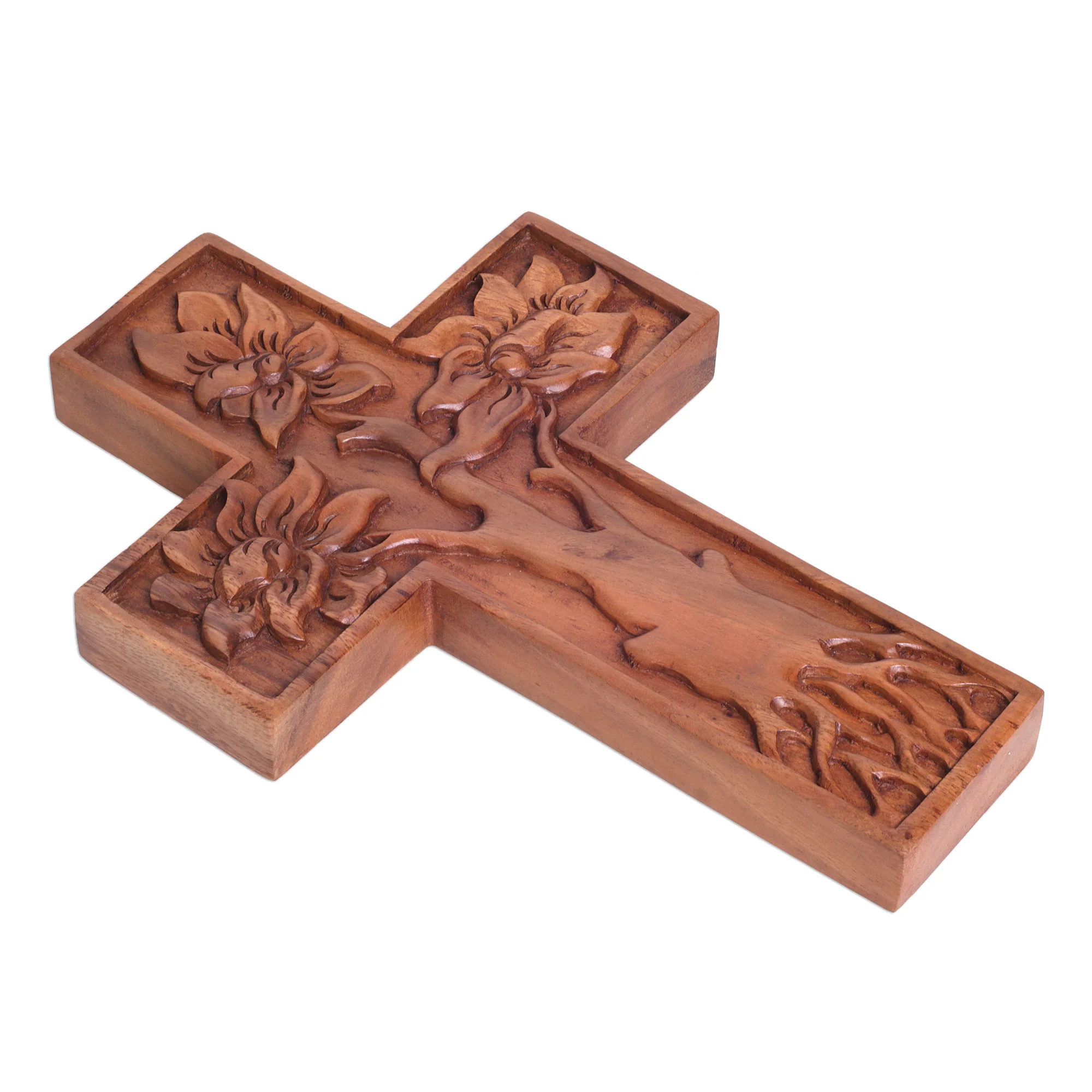 Peaceful Mangrove Hand-Carved Tree-Themed Suar Wood Wall Cross from Bali - Image 5