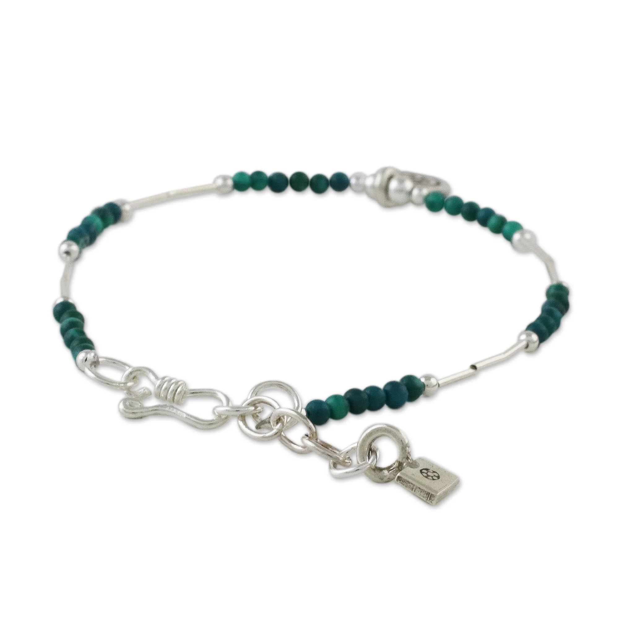 Peaceful Meditation Dyed Green Quartz Beaded Bracelet with Silver Pendant - Image 5