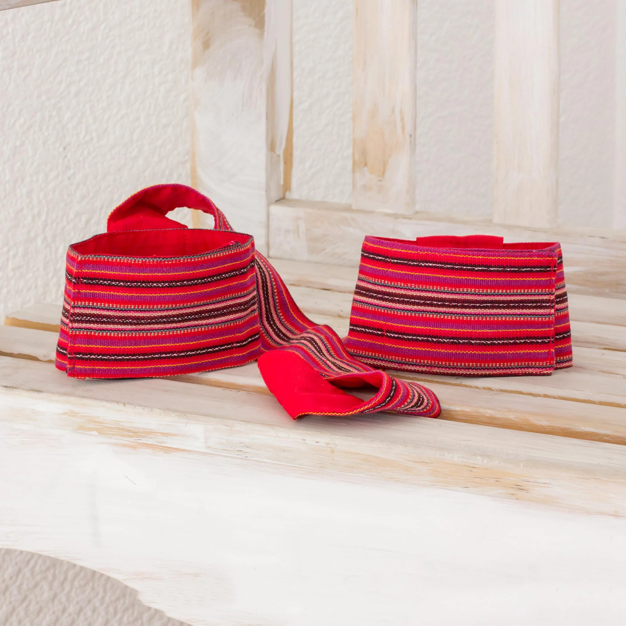 Peaceful Stripes Striped Cotton Yoga Mat Strap in Crimson from Guatemala - Image 3