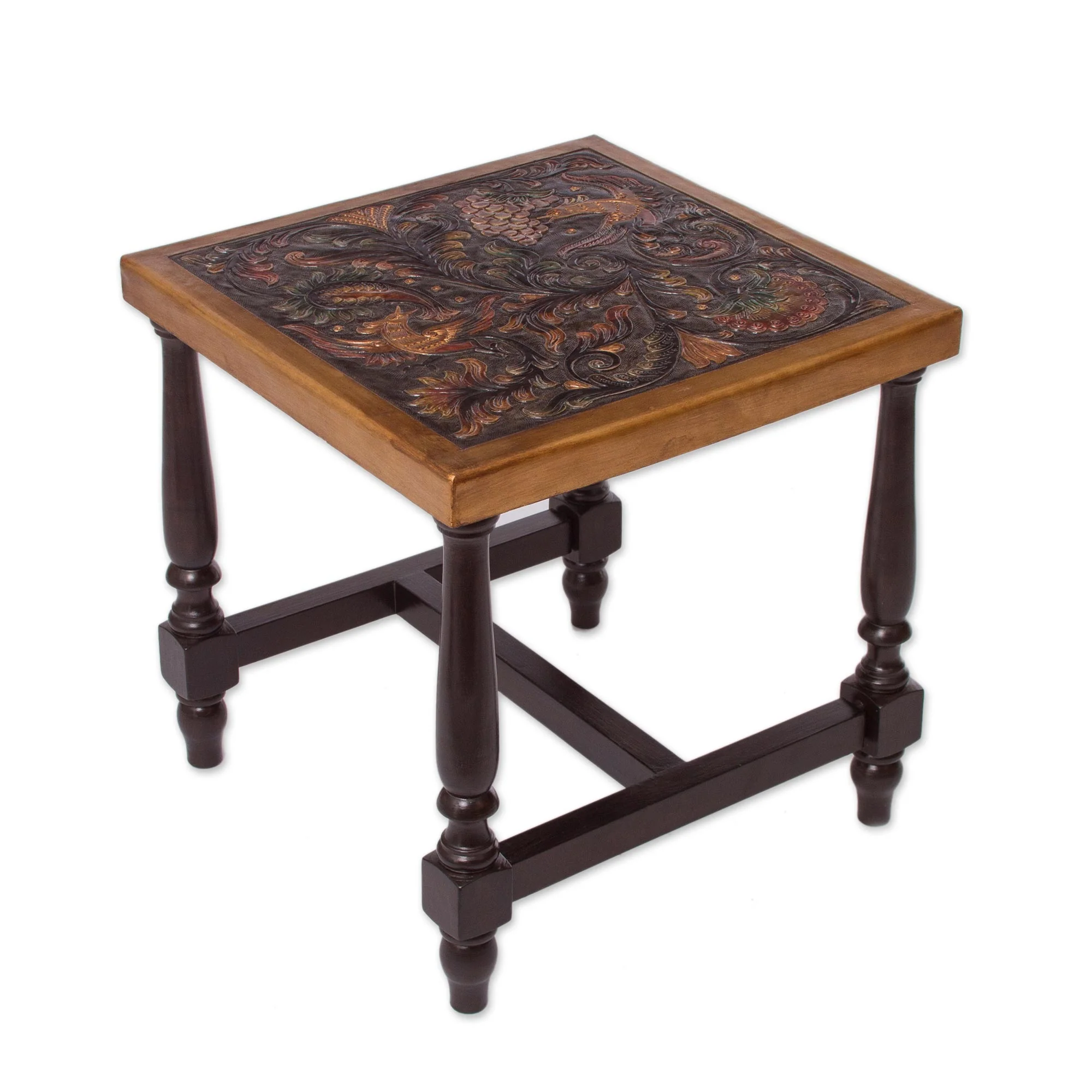 Peacock Garden Colorful Bird and Nature-Inspired Leather and Wood Table - Image 2
