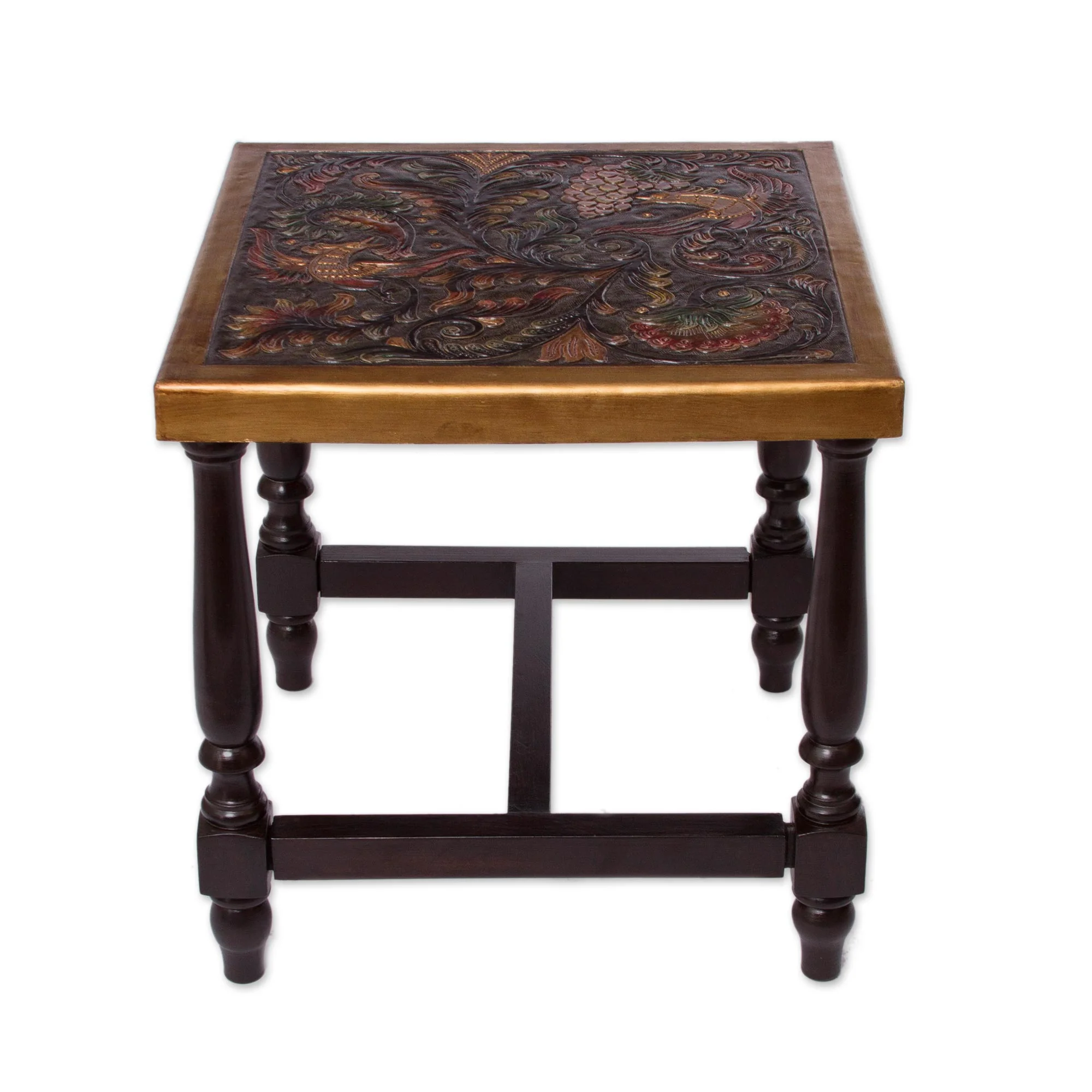 Peacock Garden Colorful Bird and Nature-Inspired Leather and Wood Table - Image 3