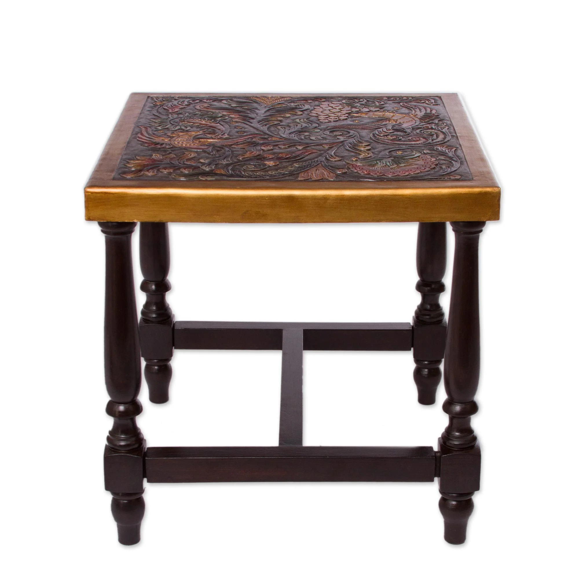 Peacock Garden Colorful Bird and Nature-Inspired Leather and Wood Table - Image 4