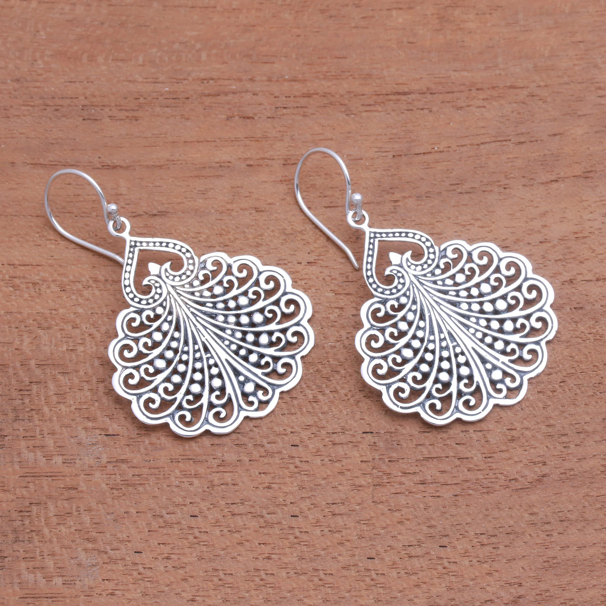 Peacock's Tail Fan Pattern Sterling Silver Dangle Earrings from Bali - Image 3