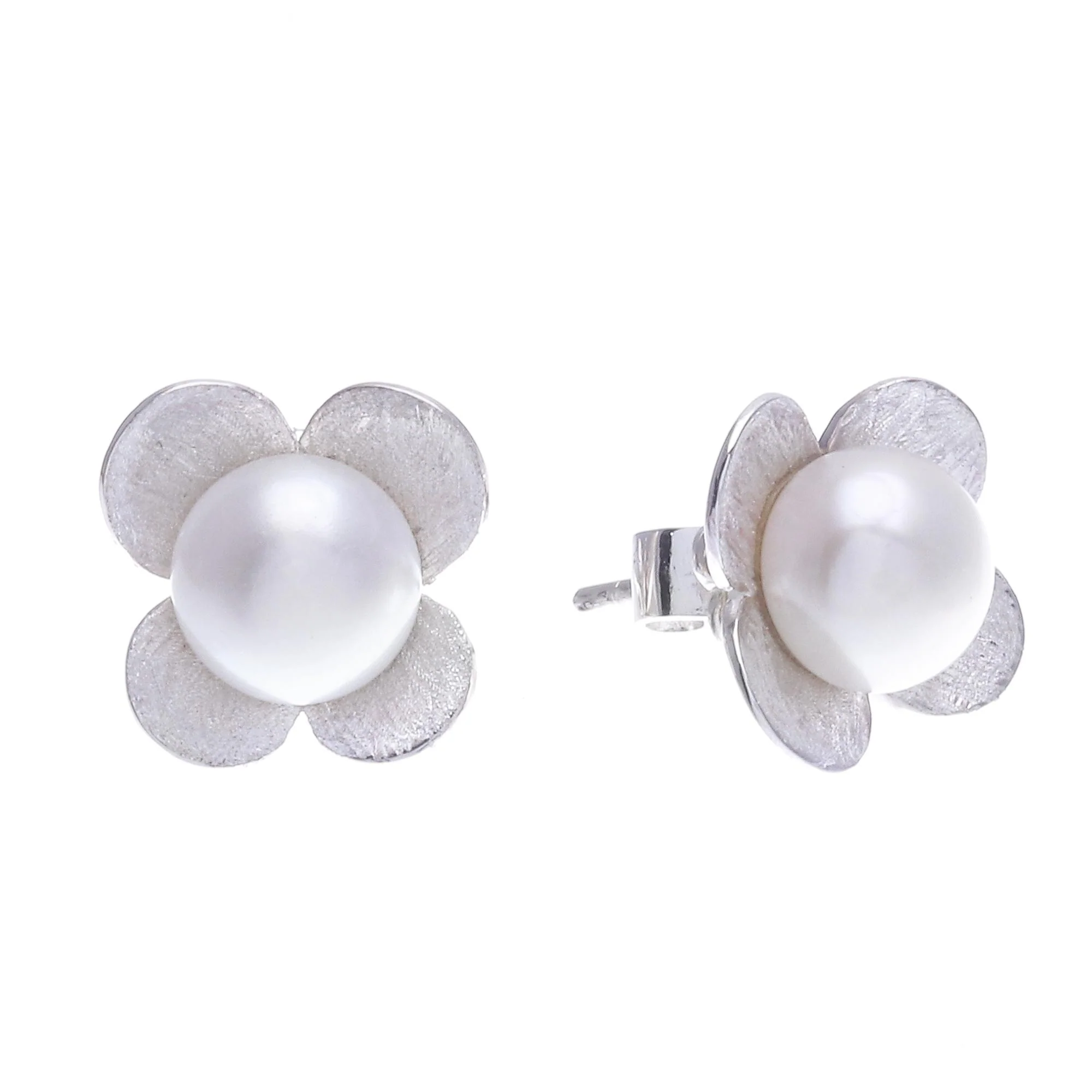 Pearl Oasis Cultured Pearl and Sterling Silver Floral-Motif Earrings - Image 4