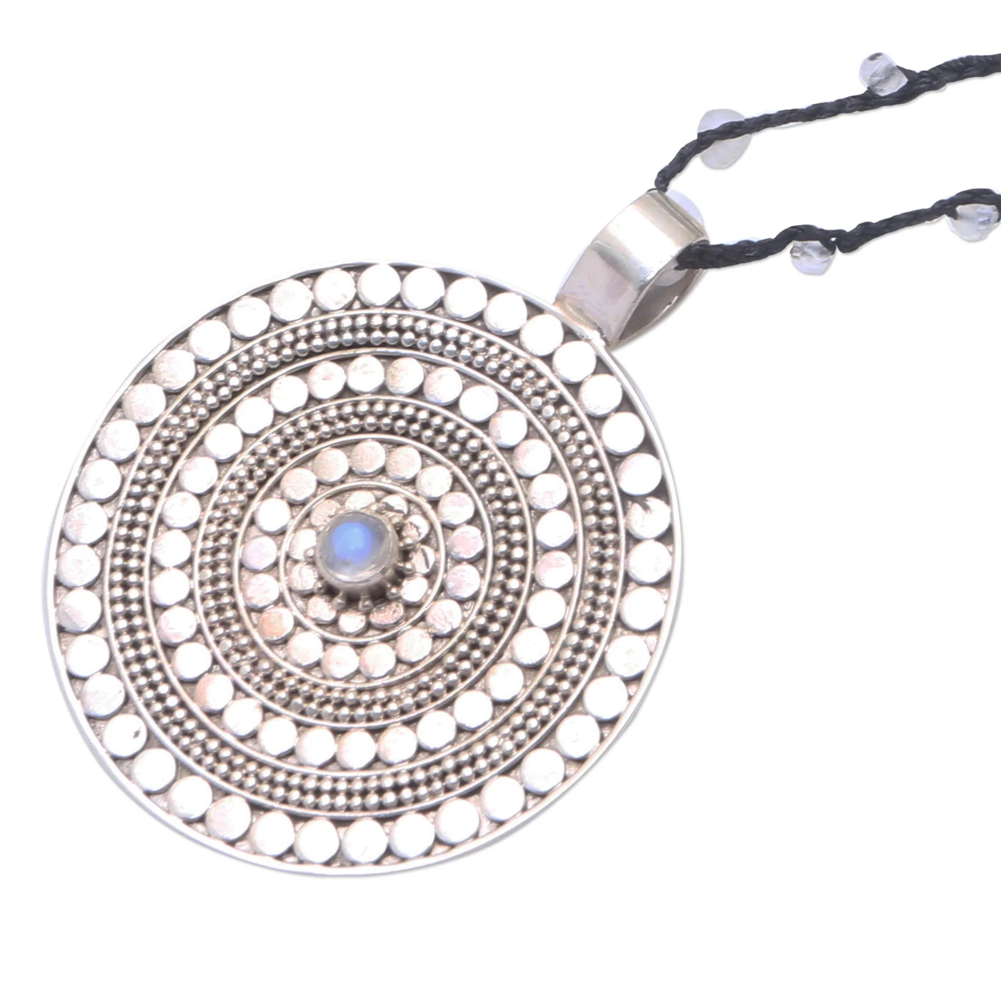 Pebble Shield Rainbow Moonstone Beaded Pendant Necklace from Bali - Image 4