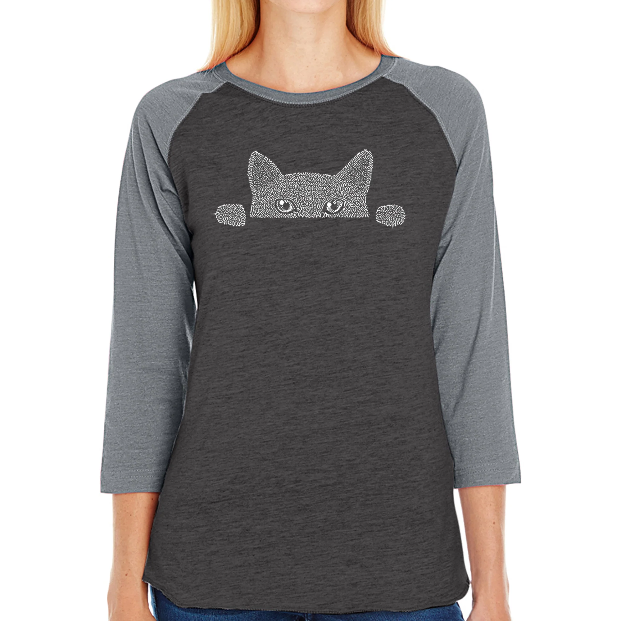 Peeking Cat  - Women's Raglan Baseball Word Art T-Shirt - Image 2