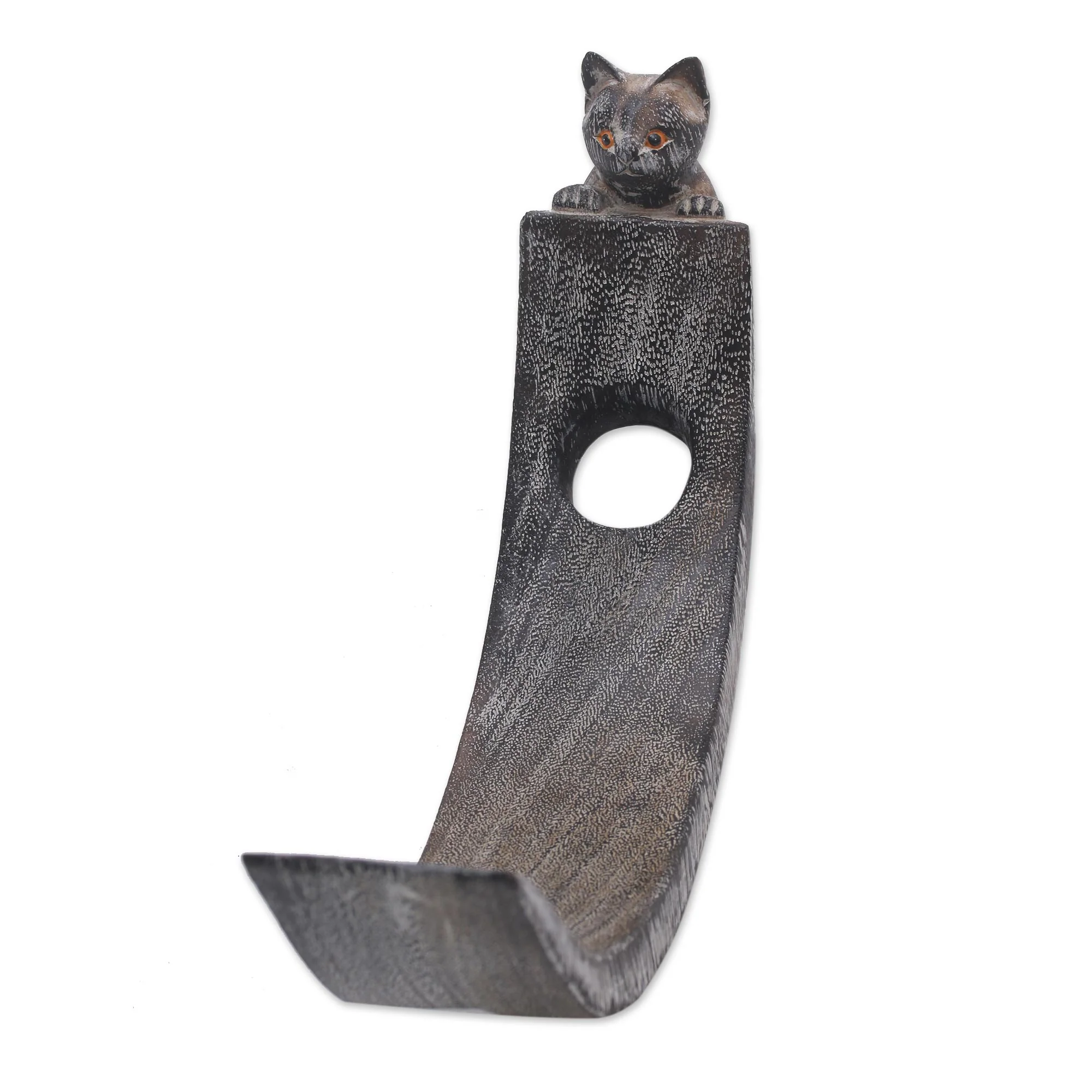 Peeking Kitten Handcrafted Suar Wood Cat Bottle Holder in Black and White - Image 5