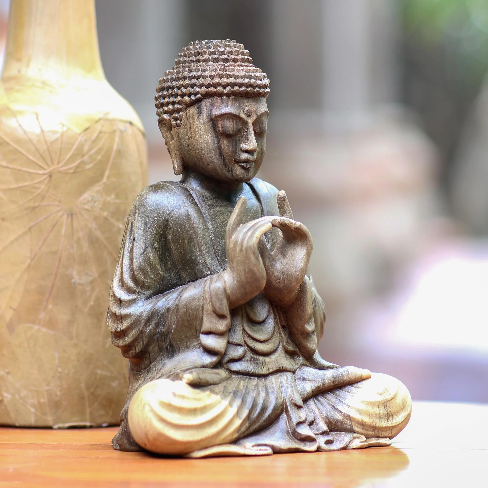 Perfect Enlightenment Hand Carved Buddha Hibiscus Wood Sculpture - Image 3