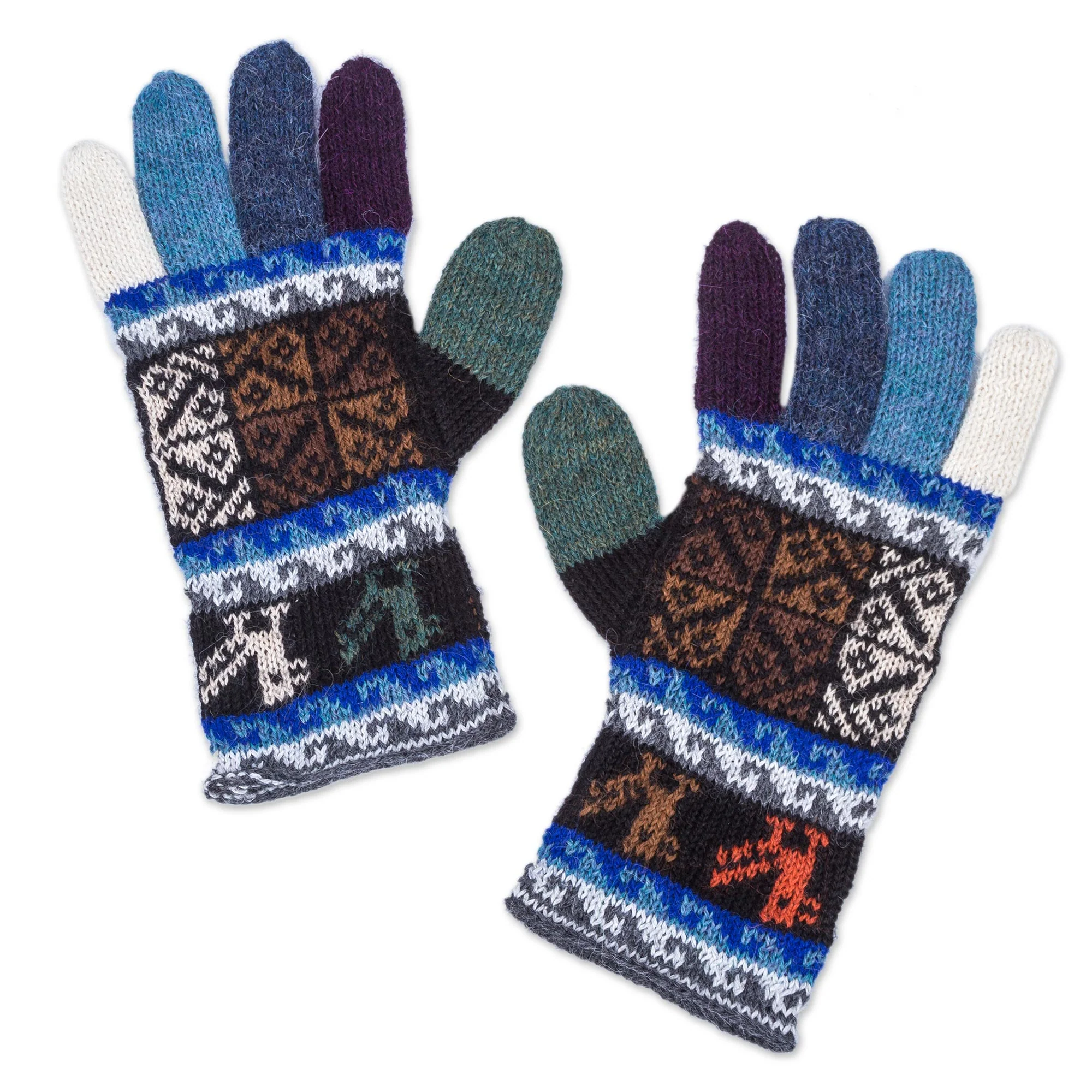 Peruvian Patchwork in Blue Artisan Crafted 100% Alpaca Colorful Gloves from Peru - Image 2