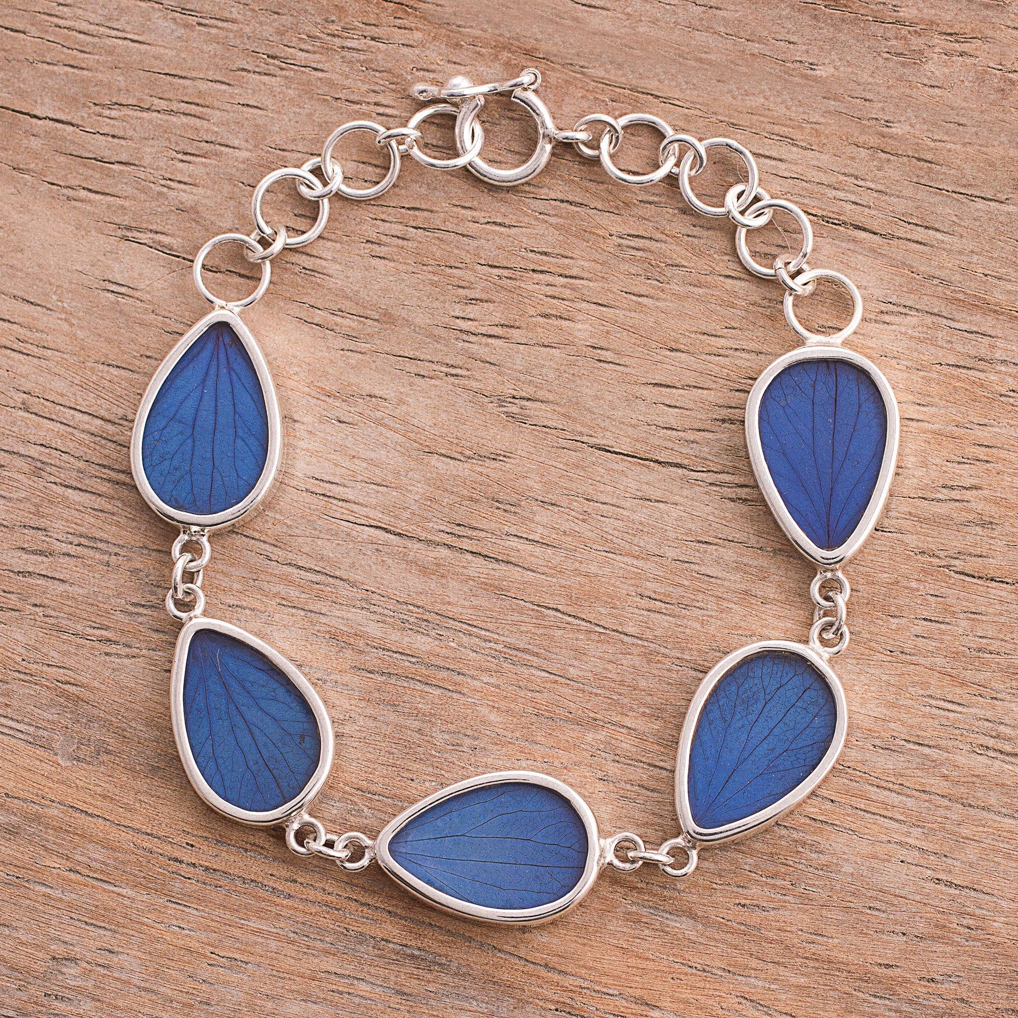 Petal Rain in Blue Blue Hydrangea Leaf Sterling Silver Teardrop Link Bracelet - Image 3