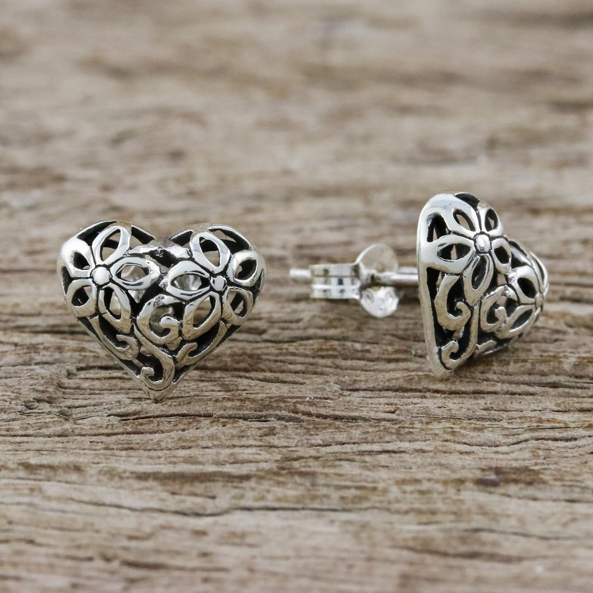 Petaled Hearts Floral Heart-Shaped Sterling Silver Earrings from Thailand - Image 3