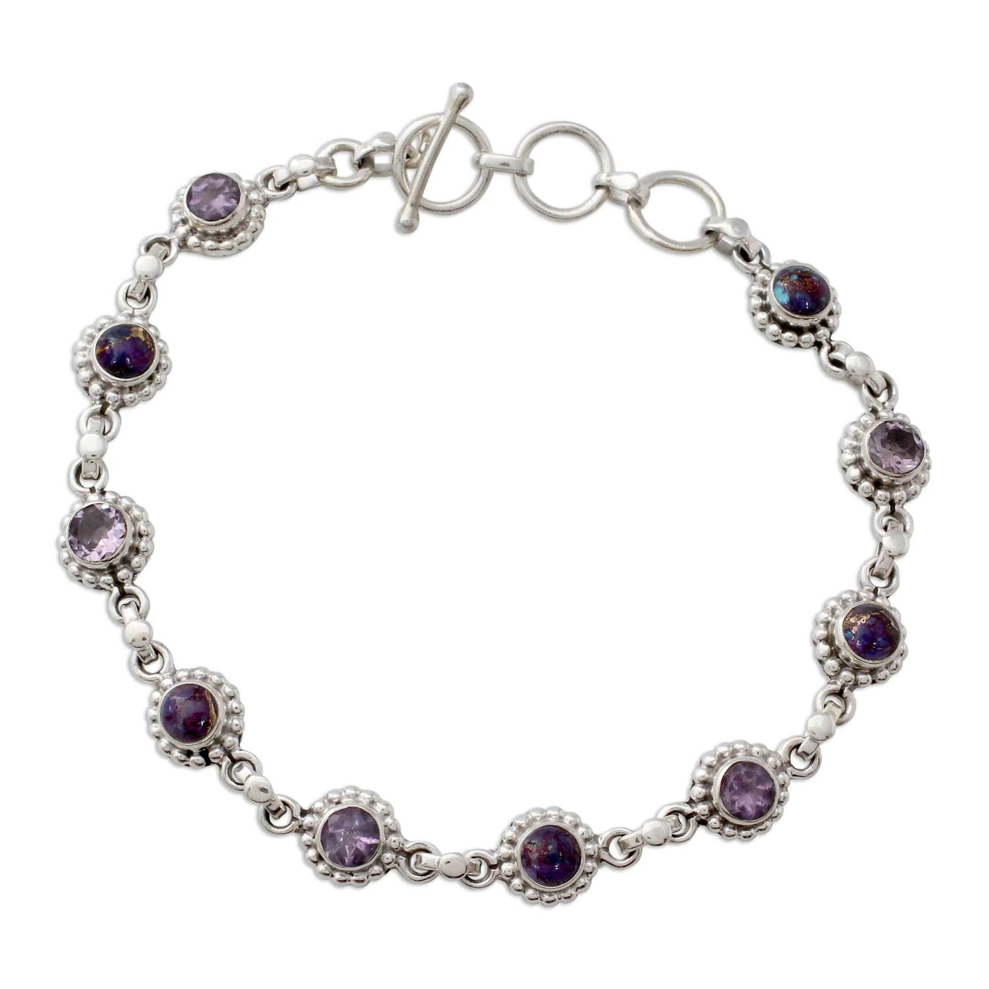 Petite Flowers Amethyst Sterling Silver and Composite Turquoise Bracelet - Image 2