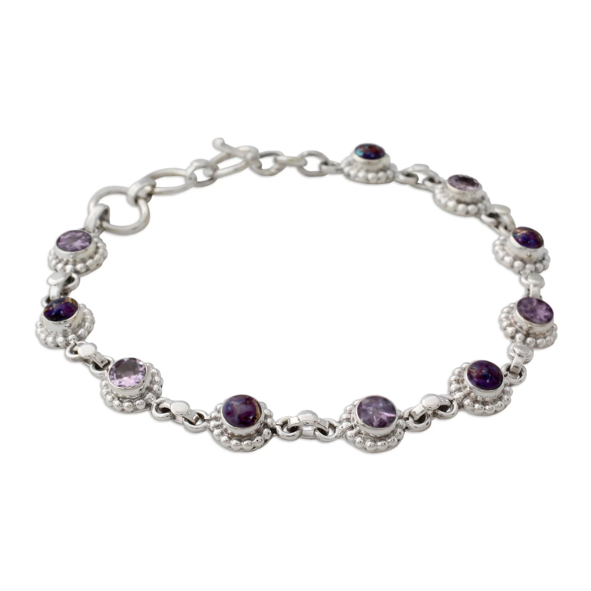 Petite Flowers Amethyst Sterling Silver and Composite Turquoise Bracelet - Image 3