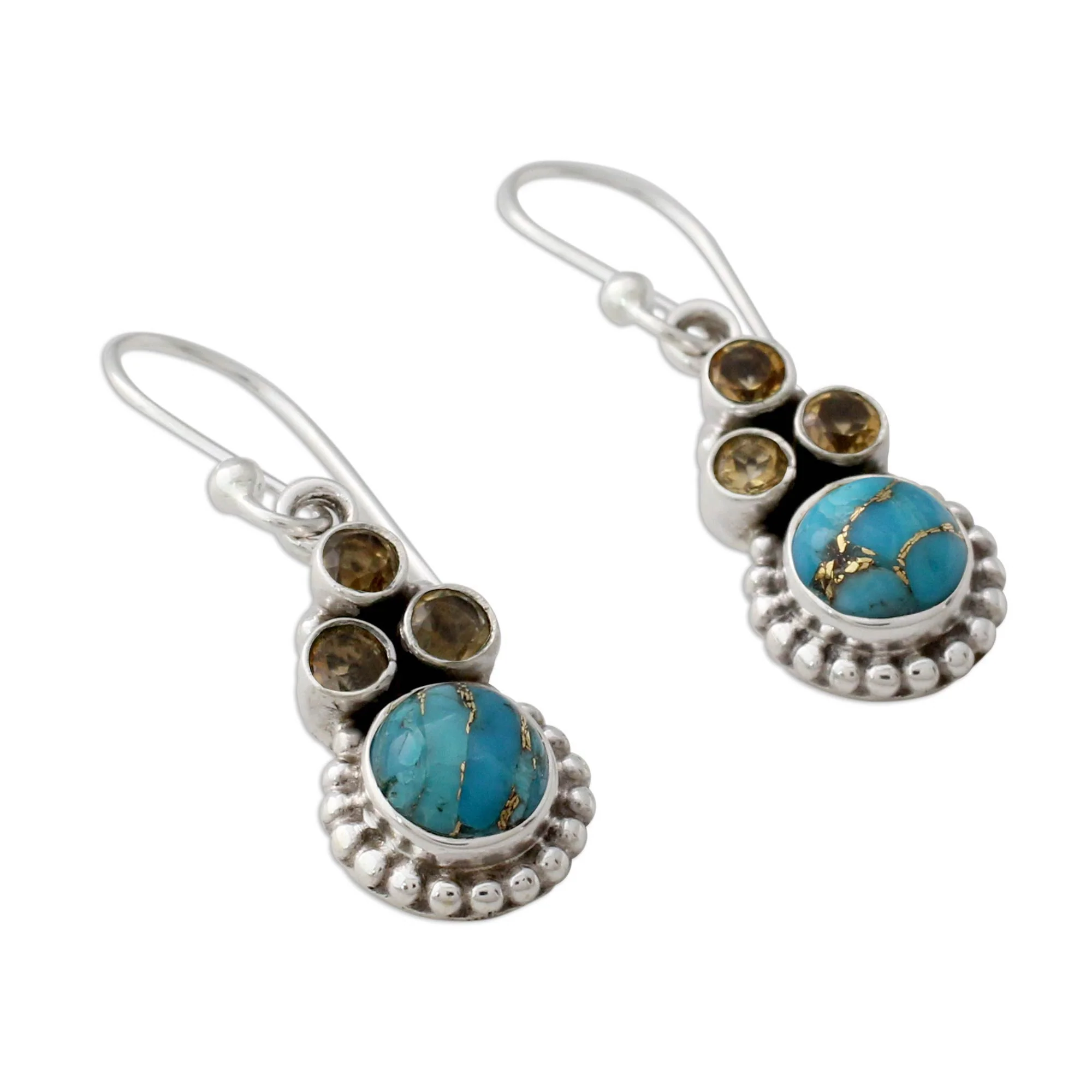 Petite Flowers Indian Sterling Silver Earrings with Citrine and Turquoise - Image 3