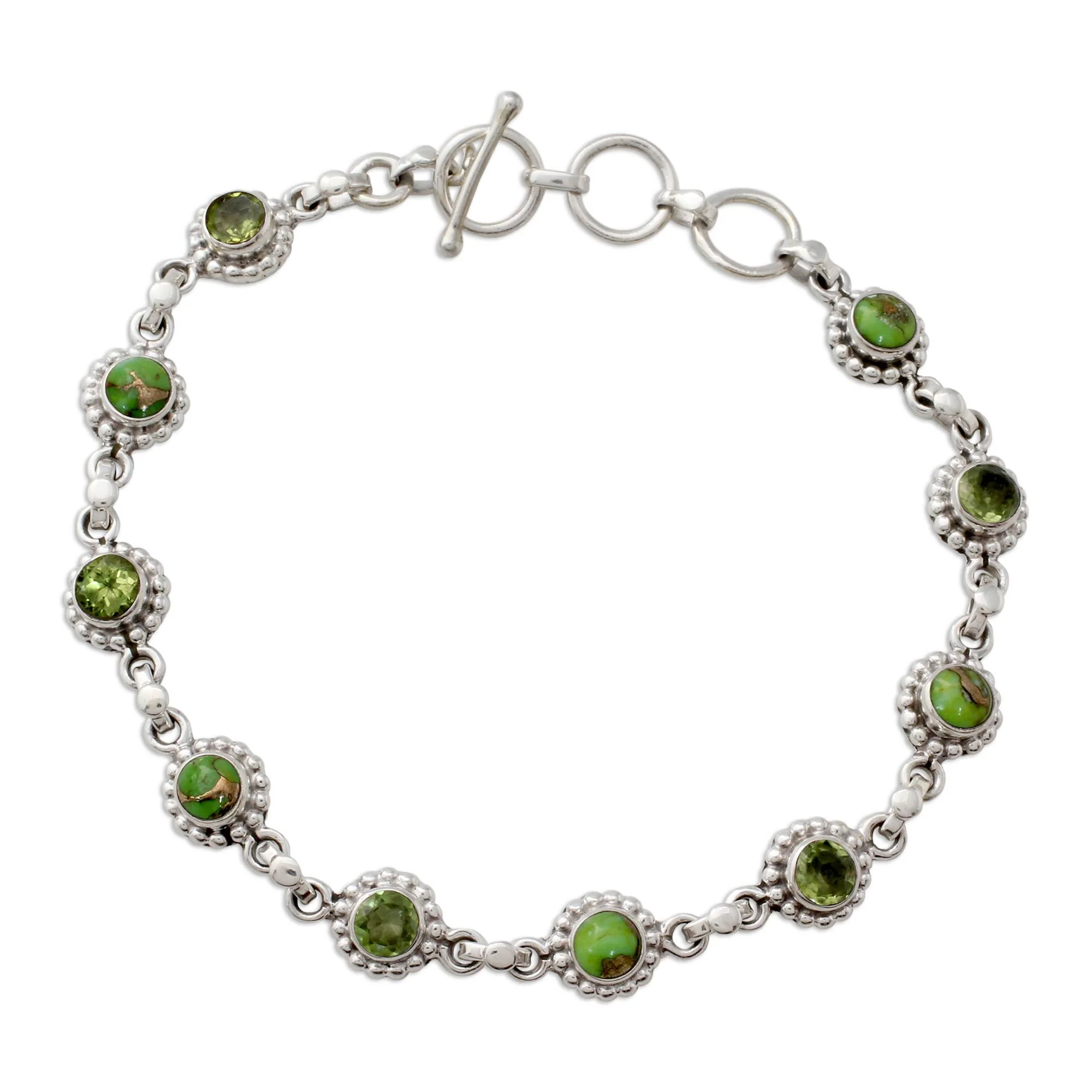 Petite Flowers Sterling Silver Peridot and Composite Turquoise Bracelet - Image 2