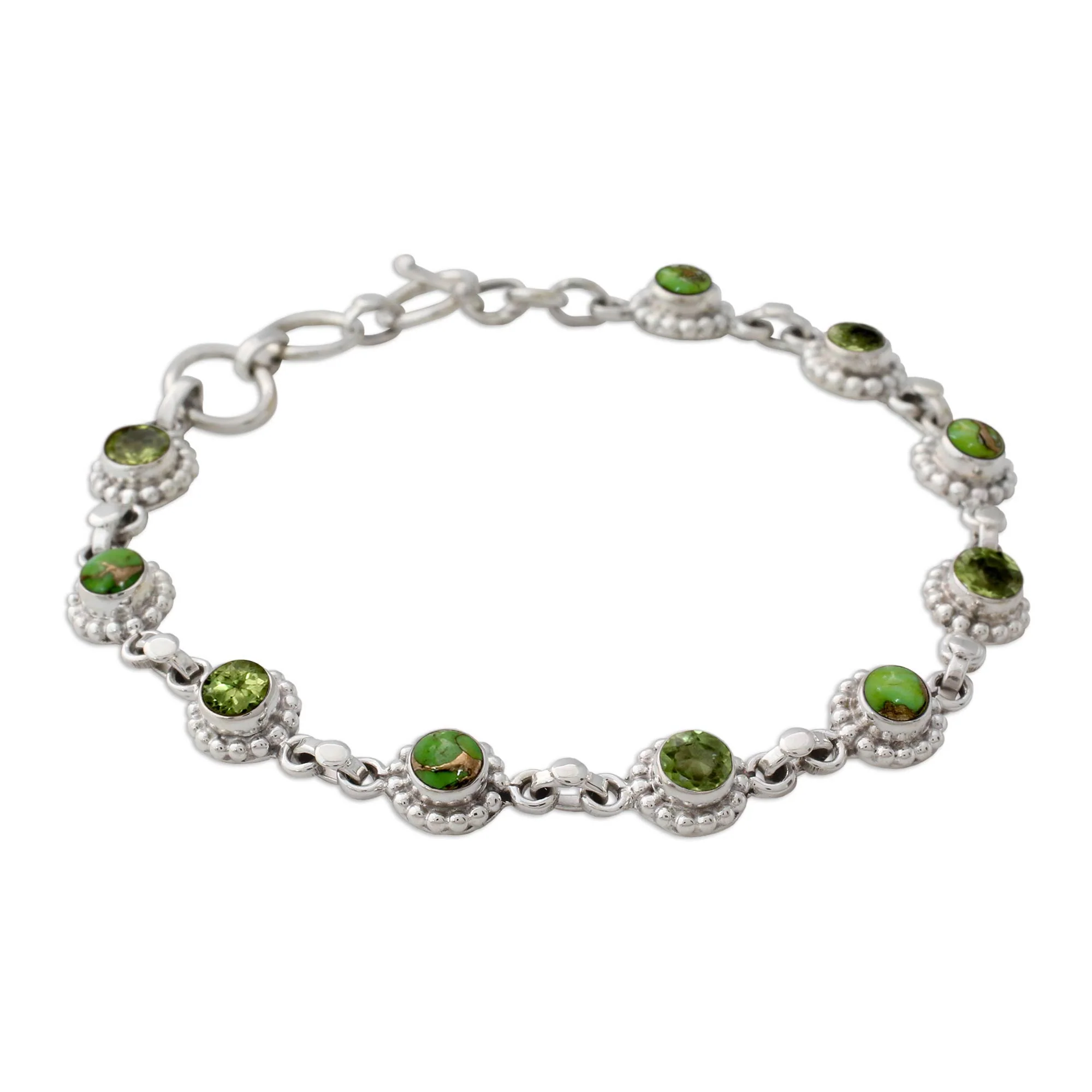 Petite Flowers Sterling Silver Peridot and Composite Turquoise Bracelet - Image 3