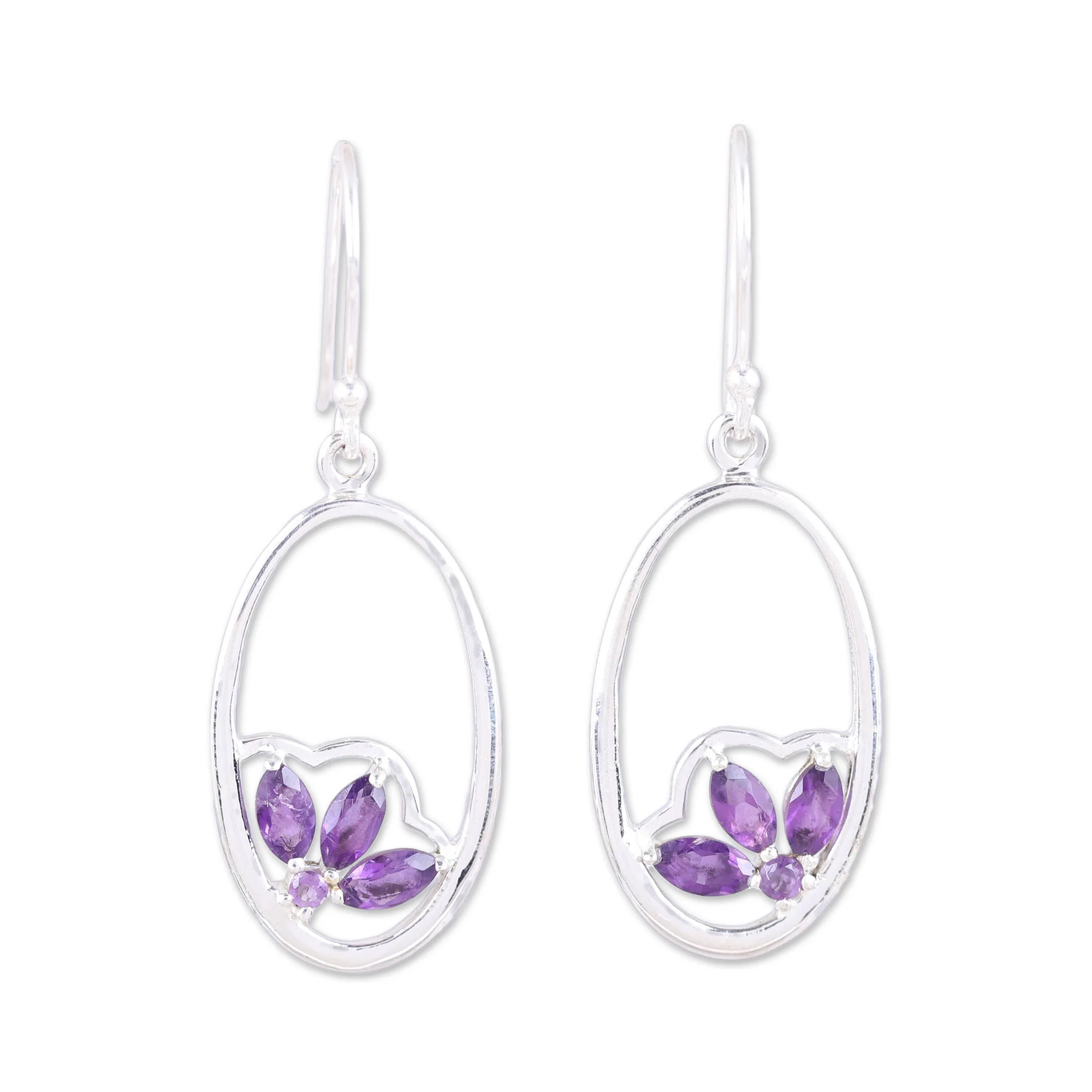 Petite Violet Handcrafted Amethyst Sterling Silver Oval Dangle Earrings - Image 2