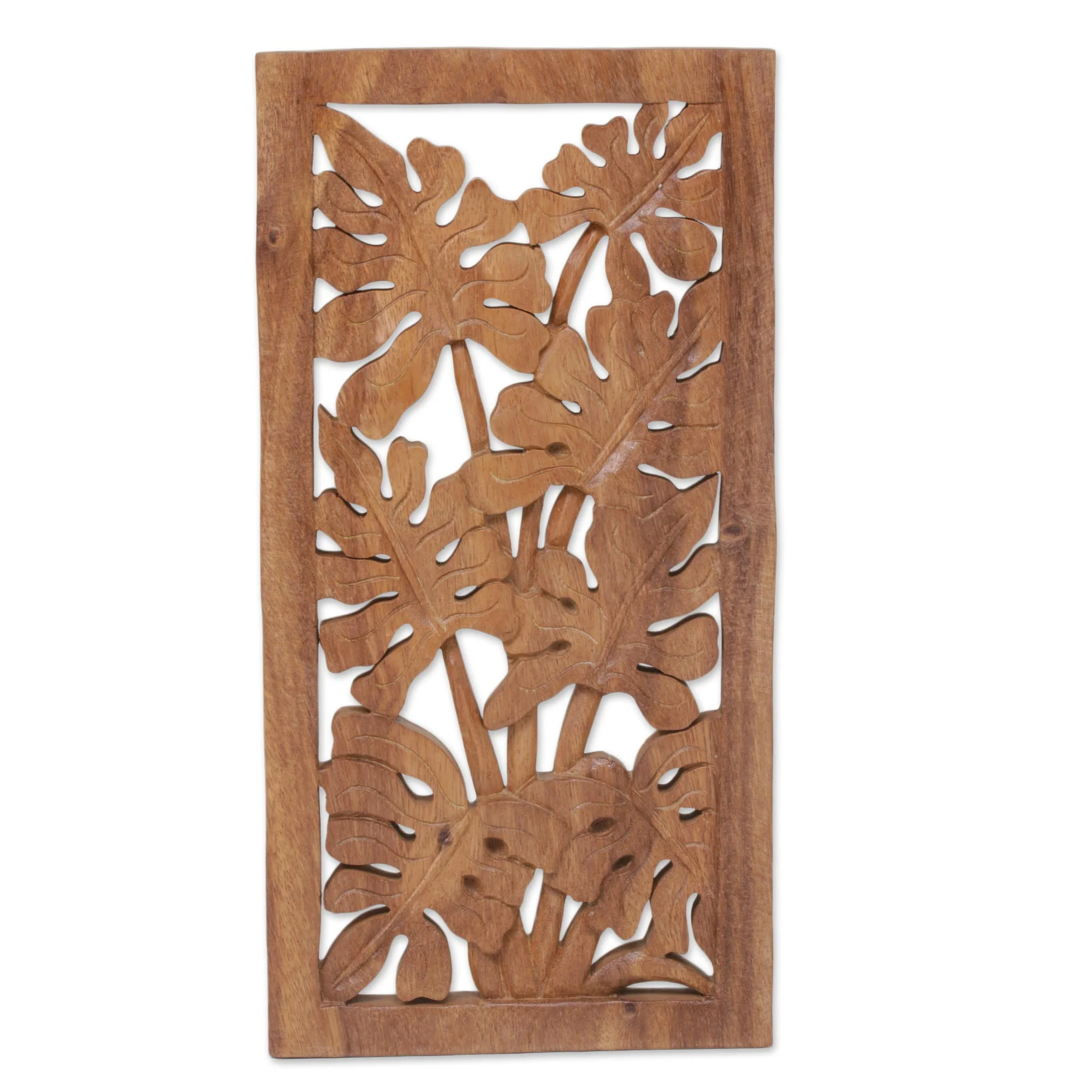 Philodendron Leaves Hand Carved Leafy Wood Wall Relief Panel from Indonesia - Image 2