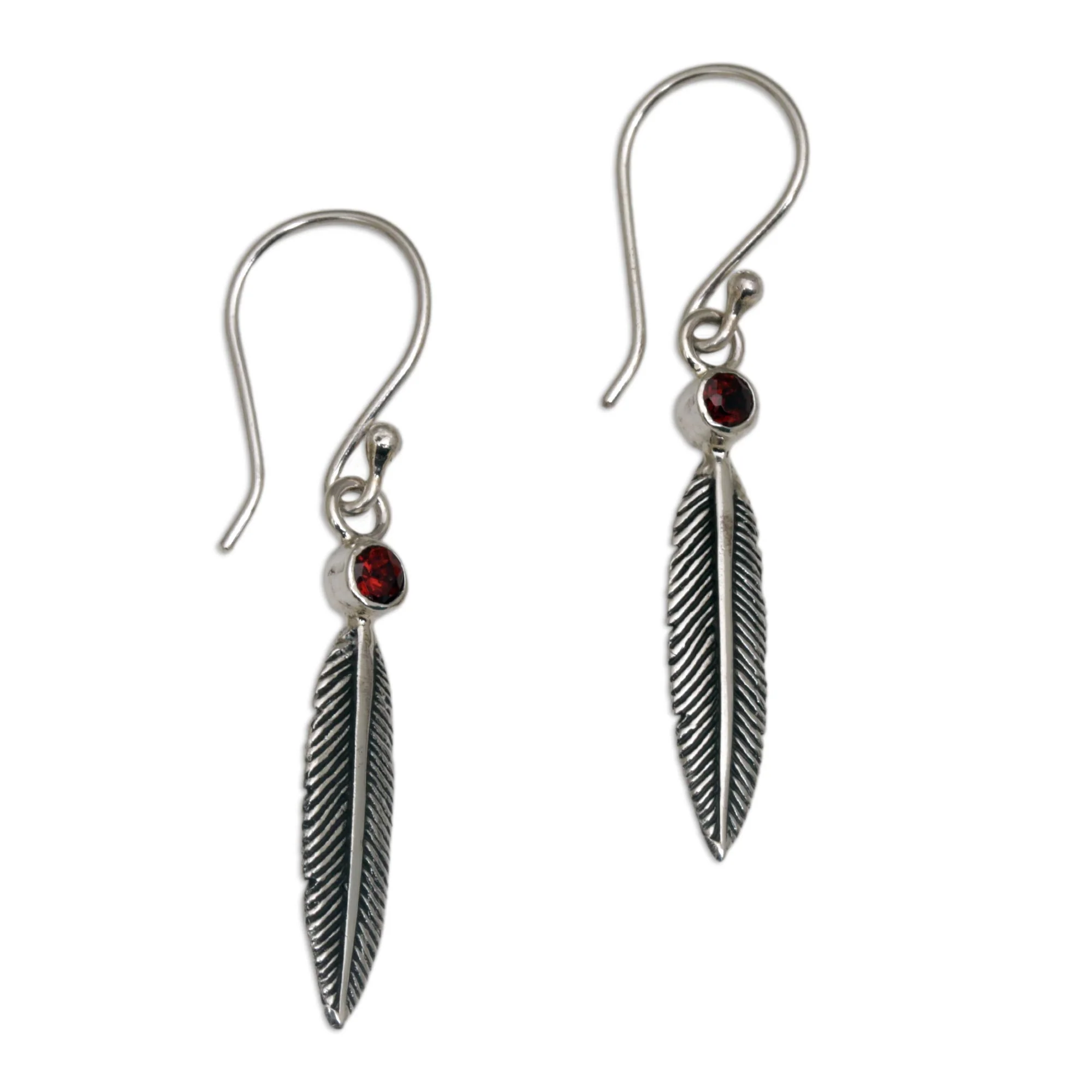 Phoenix Feathers Garnet Feather-Shaped Dangle Earrings from Bali - Image 2