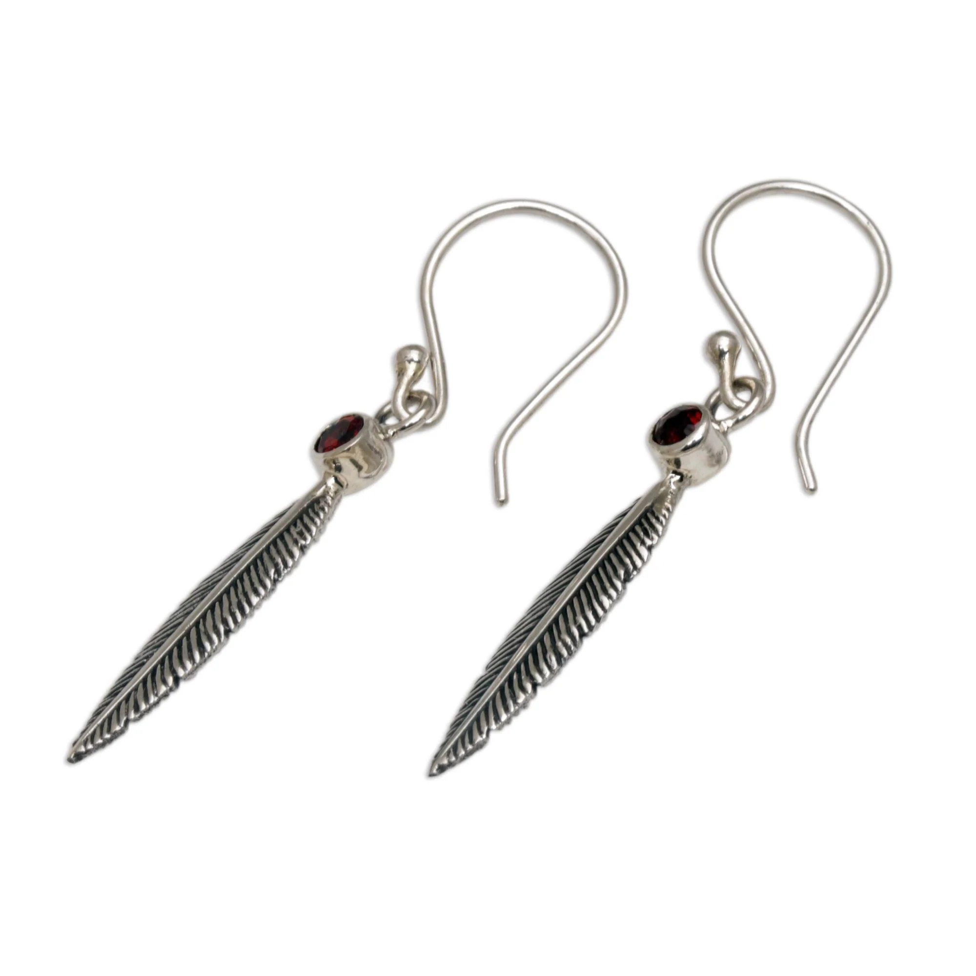 Phoenix Feathers Garnet Feather-Shaped Dangle Earrings from Bali - Image 4
