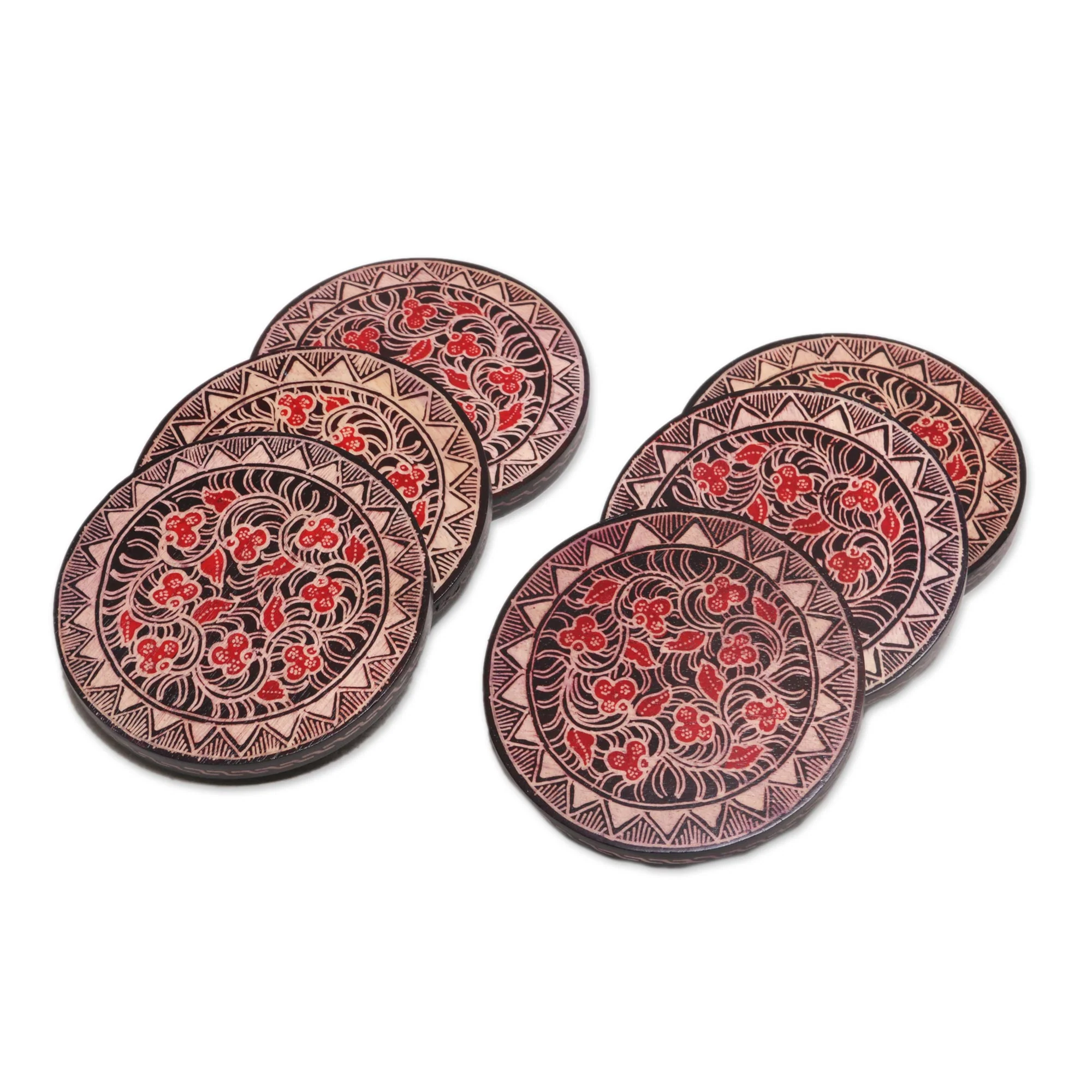 Phoenix Flowers Hand Stamped Wood Batik Coasters from Java (Set of 6) - Image 2