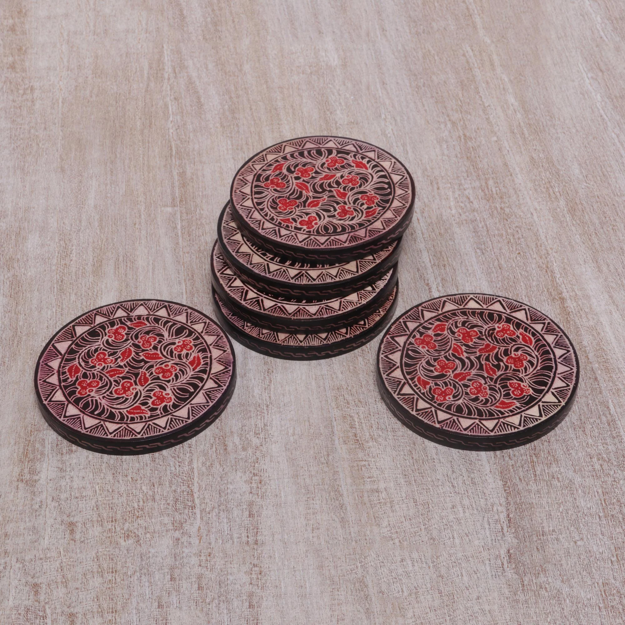 Phoenix Flowers Hand Stamped Wood Batik Coasters from Java (Set of 6) - Image 3