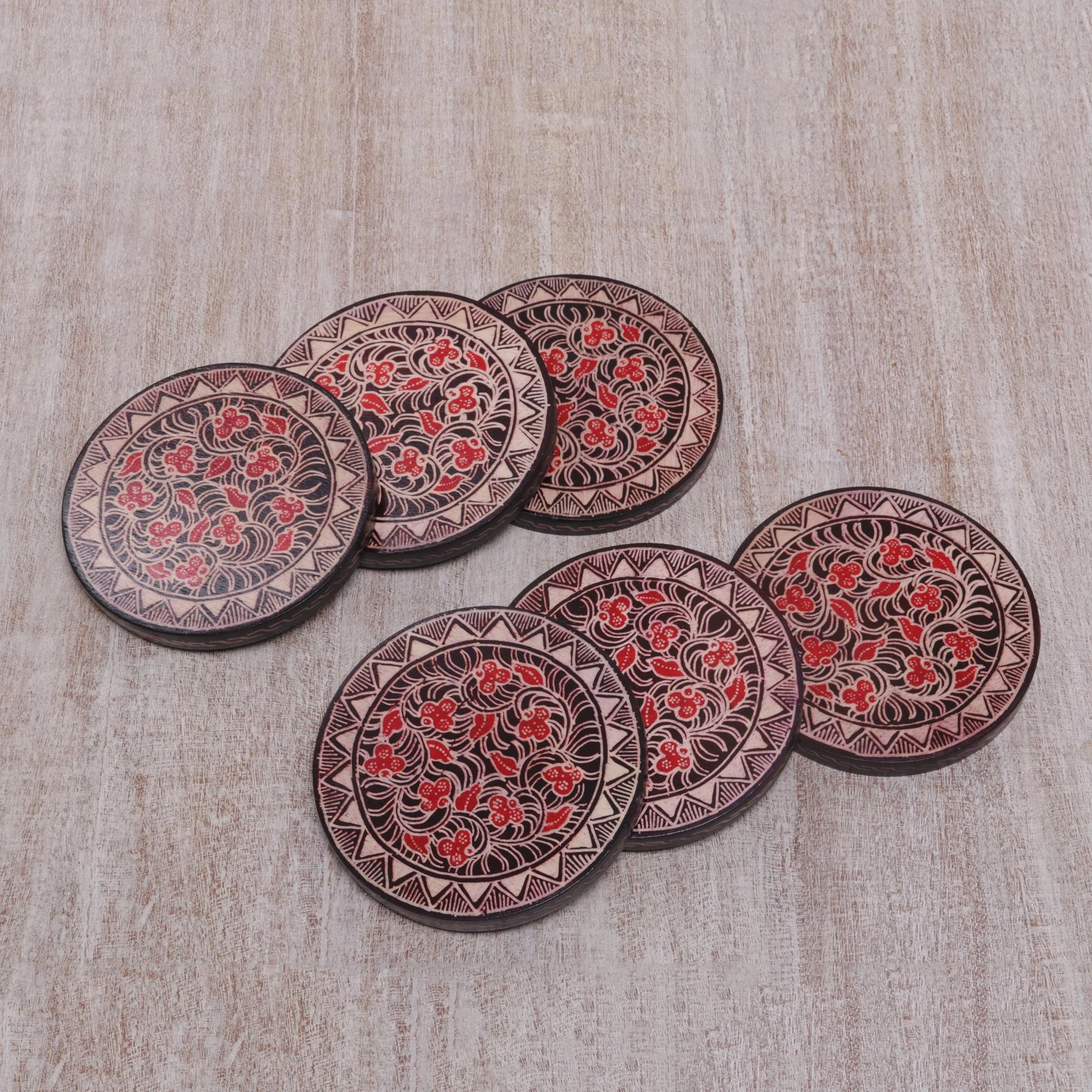 Phoenix Flowers Hand Stamped Wood Batik Coasters from Java (Set of 6) - Image 4