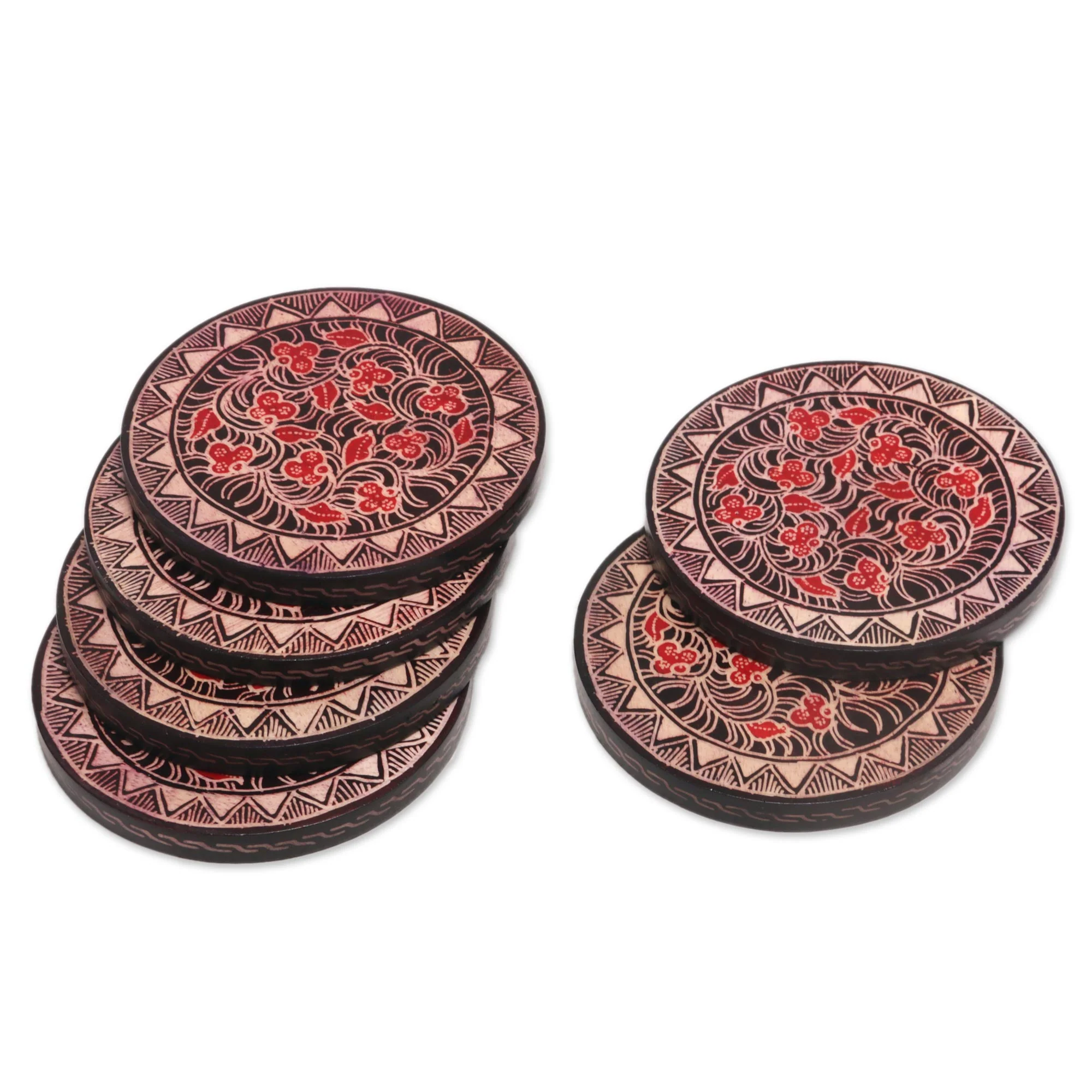 Phoenix Flowers Hand Stamped Wood Batik Coasters from Java (Set of 6) - Image 5